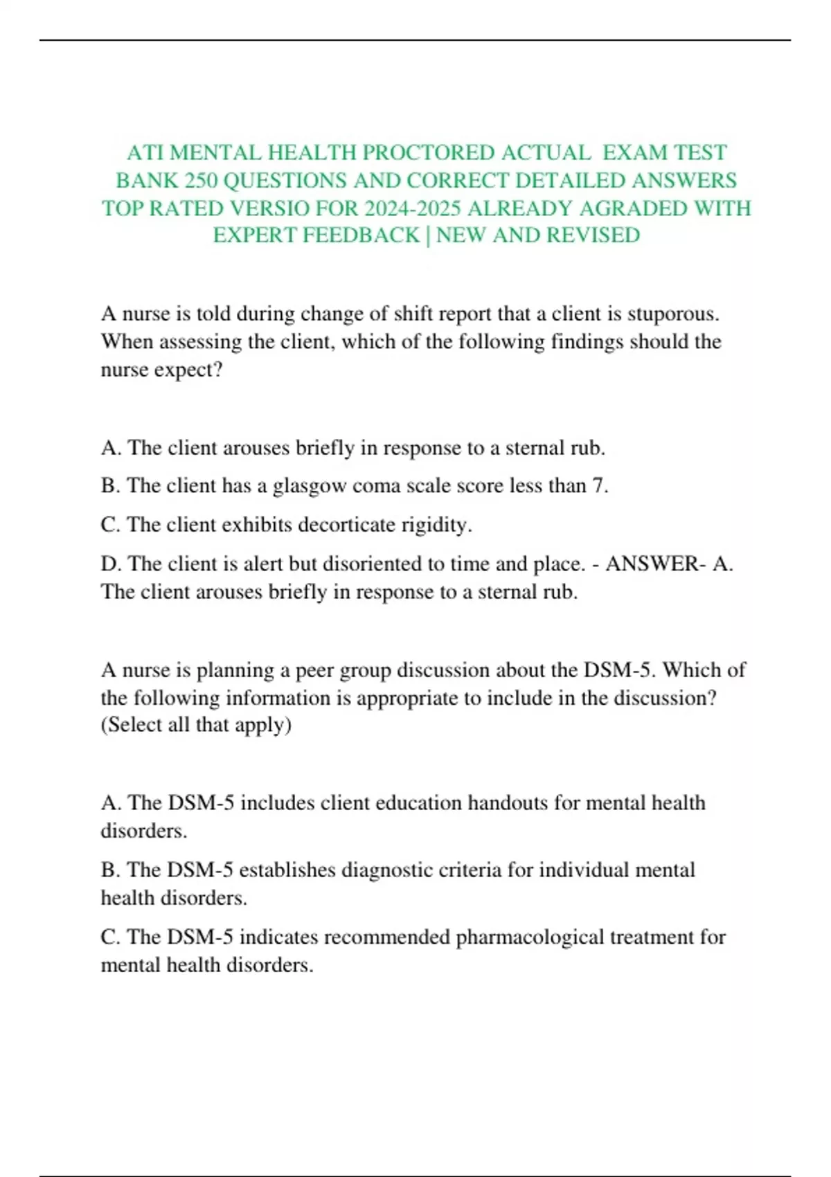 ATI MENTAL HEALTH PROCTORED ACTUAL EXAM TEST BANK 250 QUESTIONS AND