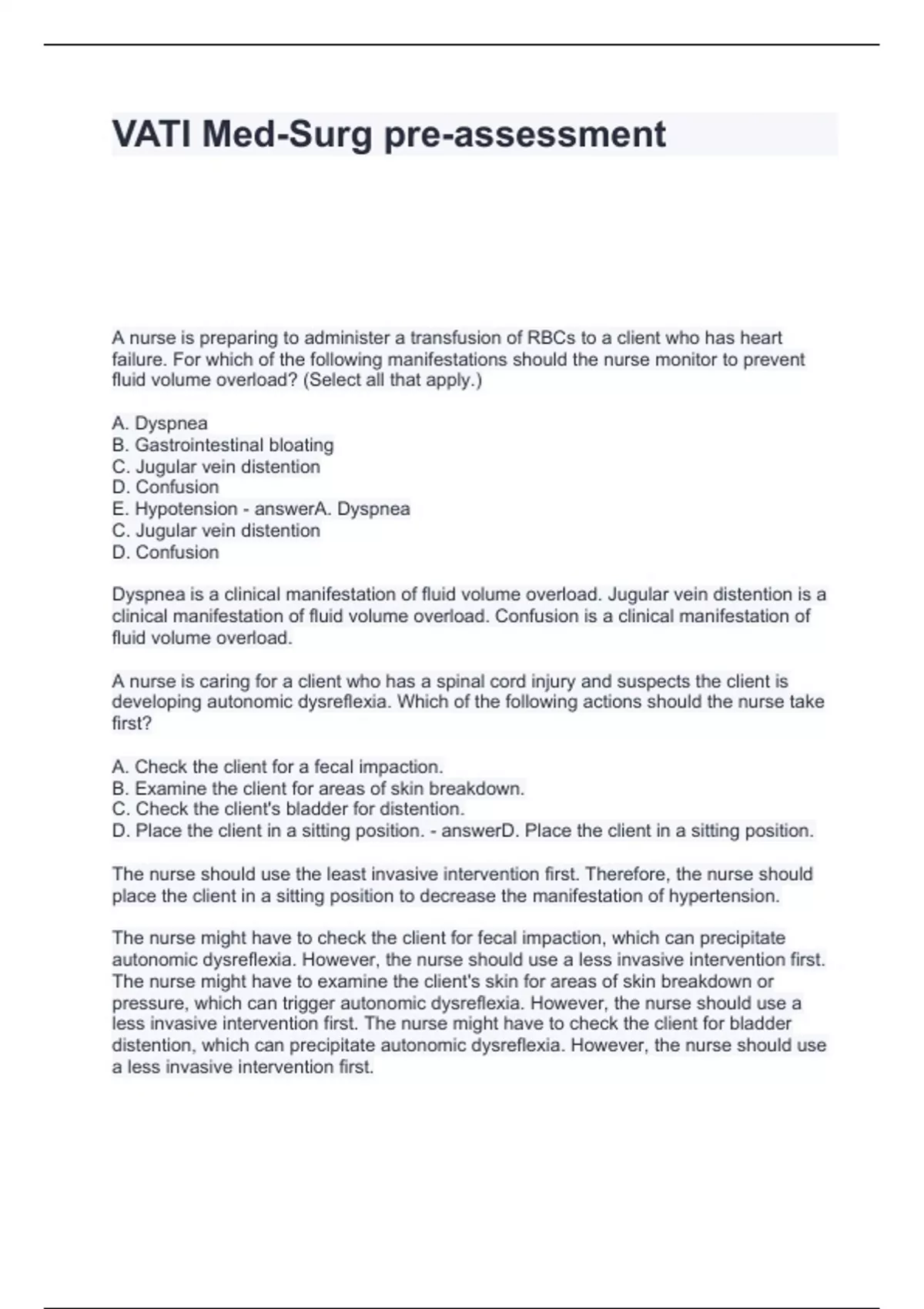 VATI MedSurg preassessment Questions with solutions 2024 RN VATI