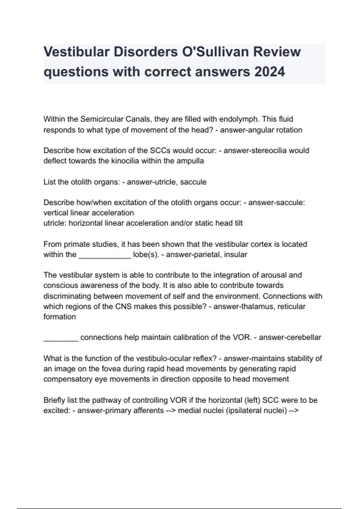Vestibular Disorders O'Sullivan Review questions with correct answers ...