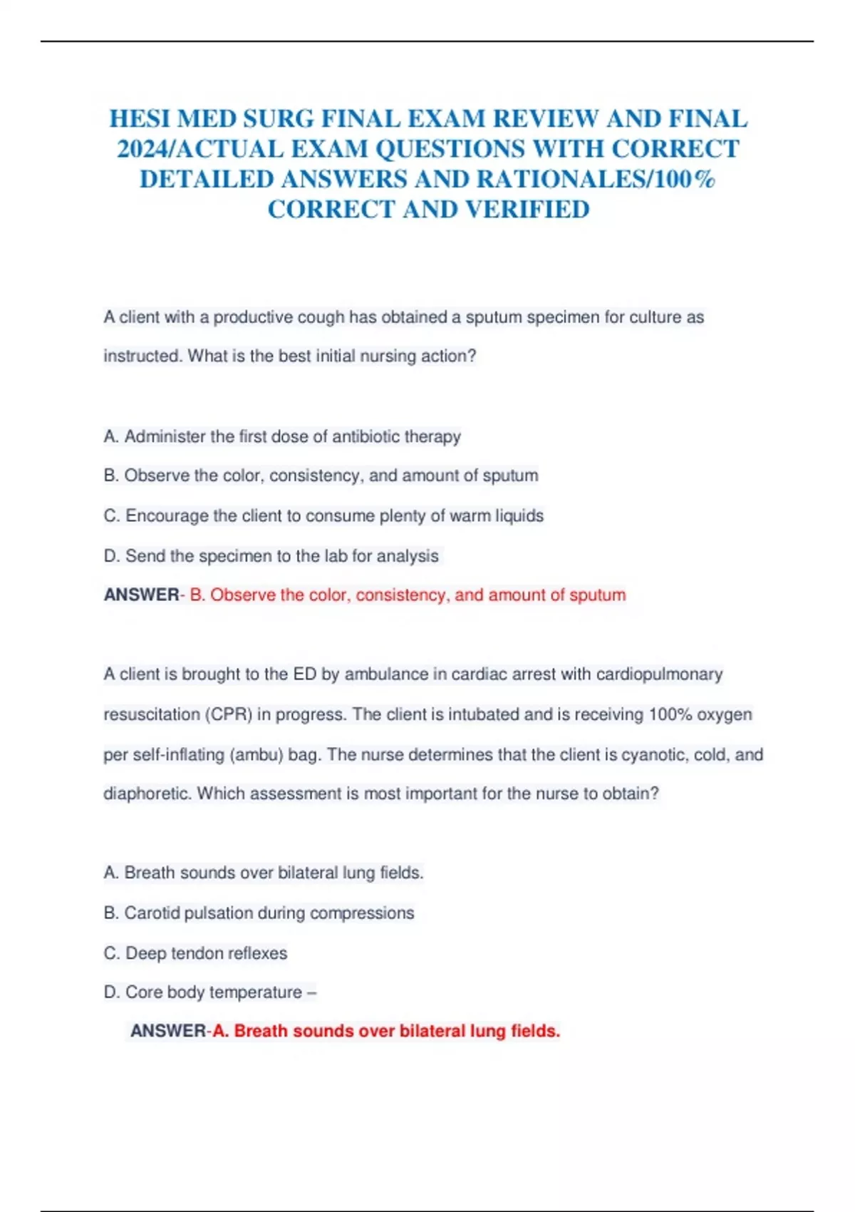 HESI MED SURG FINAL EXAM REVIEW AND FINAL 2024/ACTUAL EXAM QUESTIONS ...