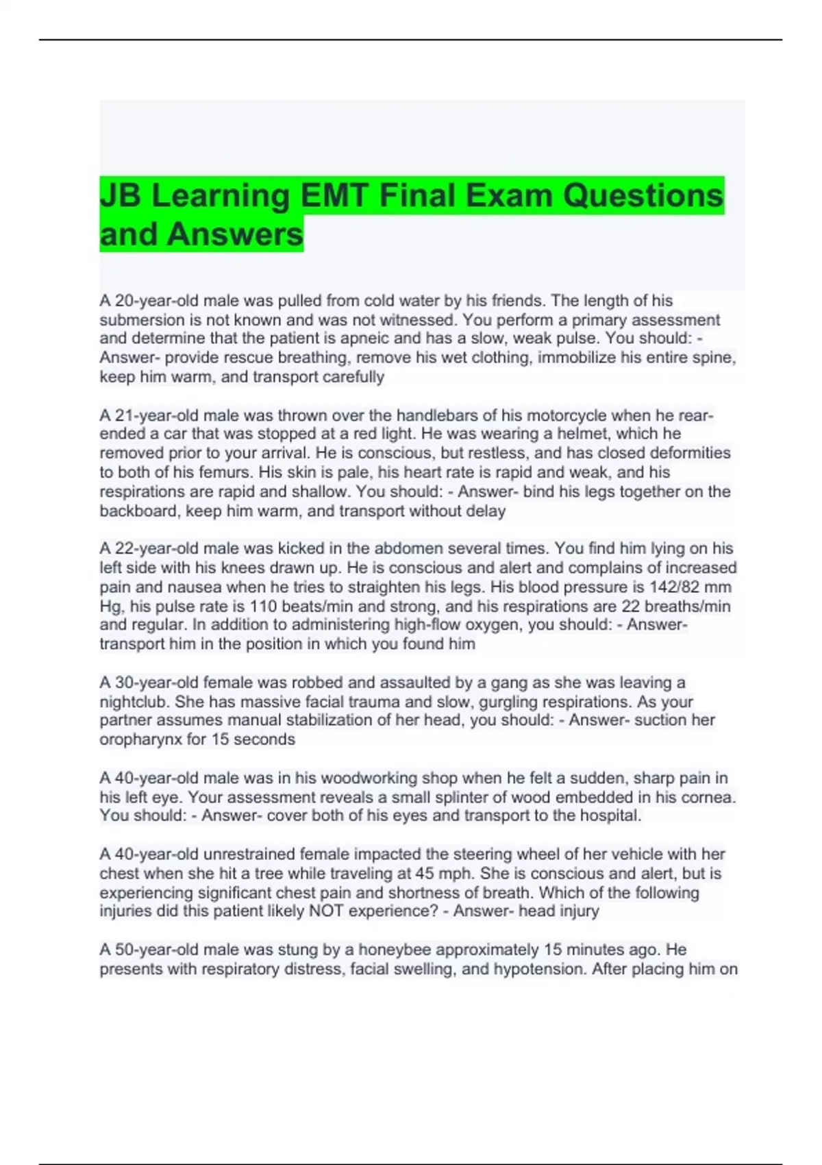 JB Learning EMT Final Exam Questions and Answers 100 correct EMT JB