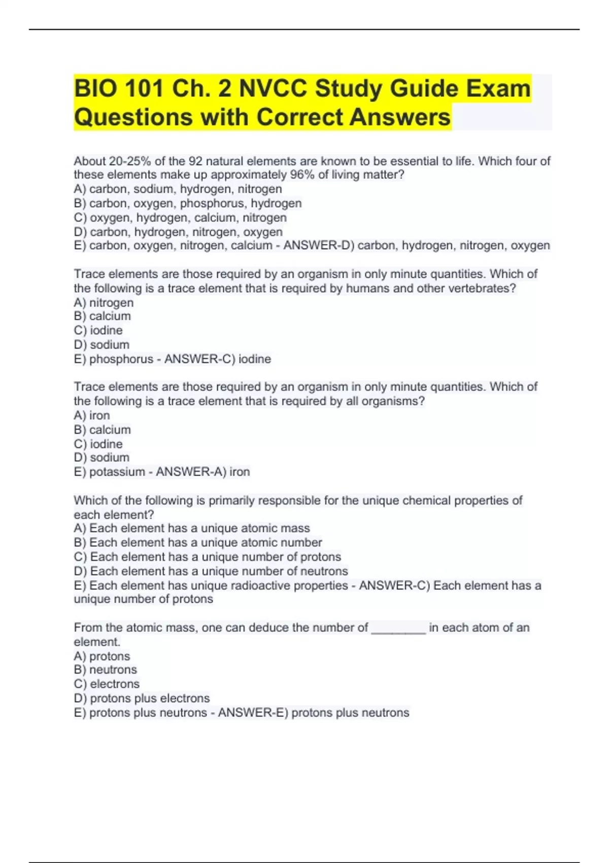 BIO 101 Ch. 2 NVCC Study Guide Exam Questions with Correct Answers ...