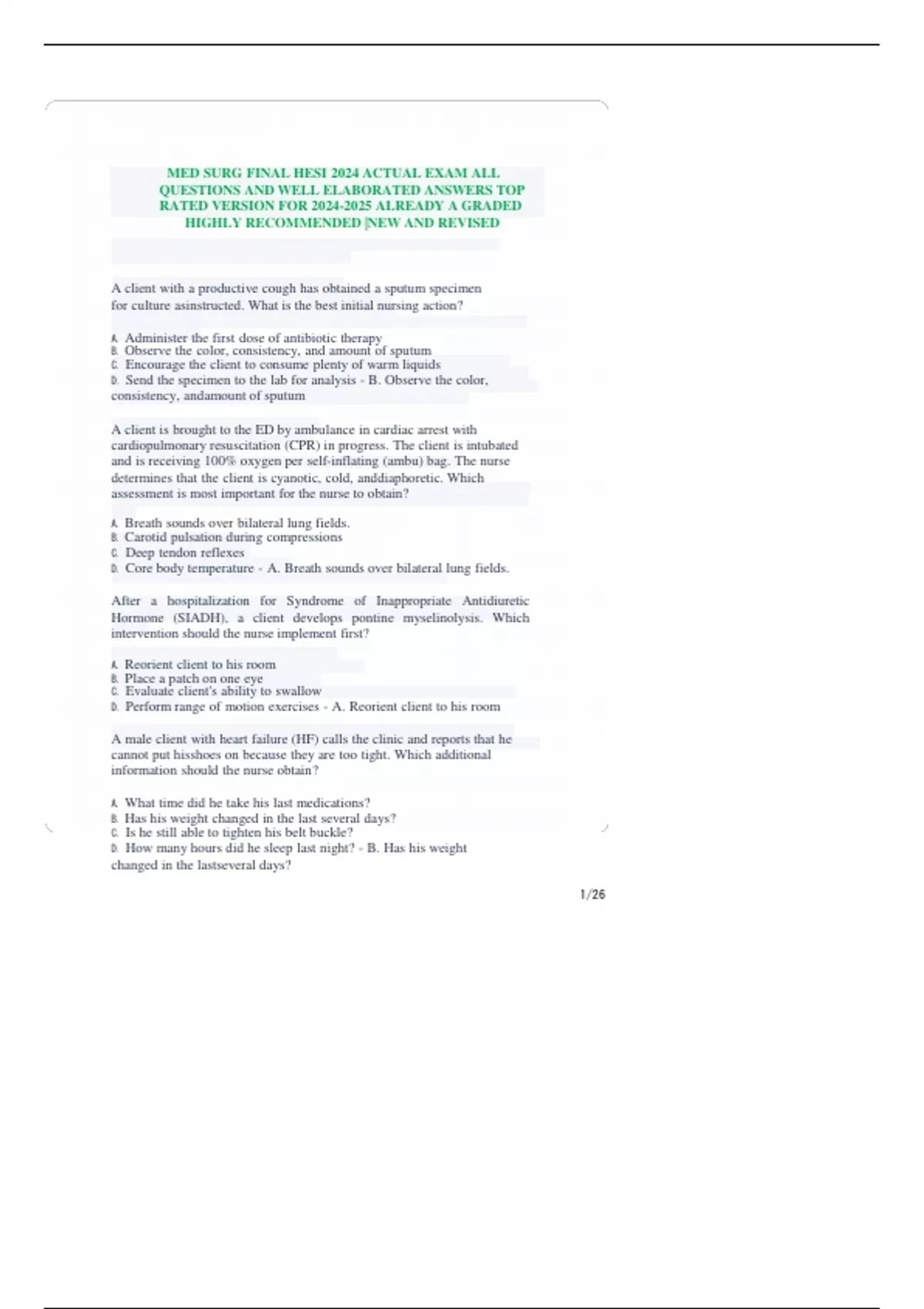 MED SURG FINAL HESI 2024 ACTUAL EXAM ALL QUESTIONS AND WELL ELABORATED ...