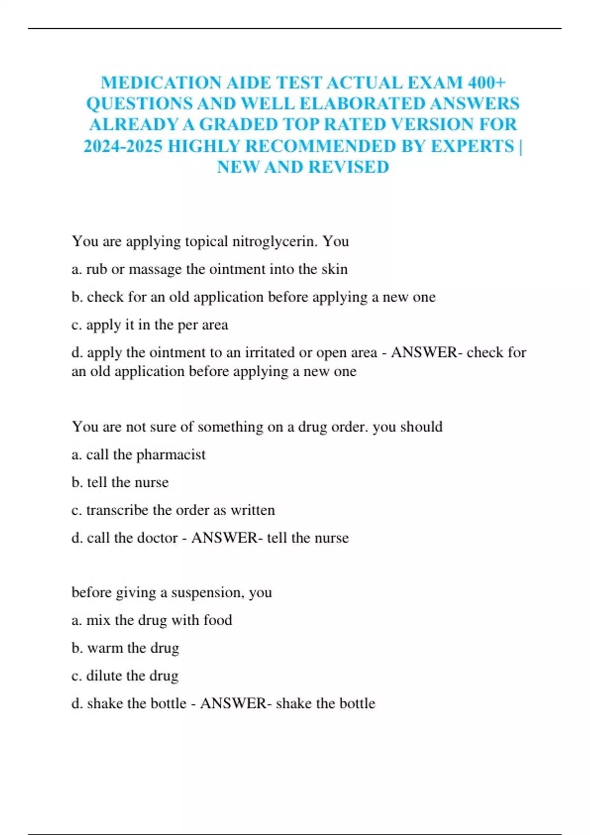 MEDICATION AIDE TEST ACTUAL EXAM 400+ QUESTIONS AND WELL ELABORATED