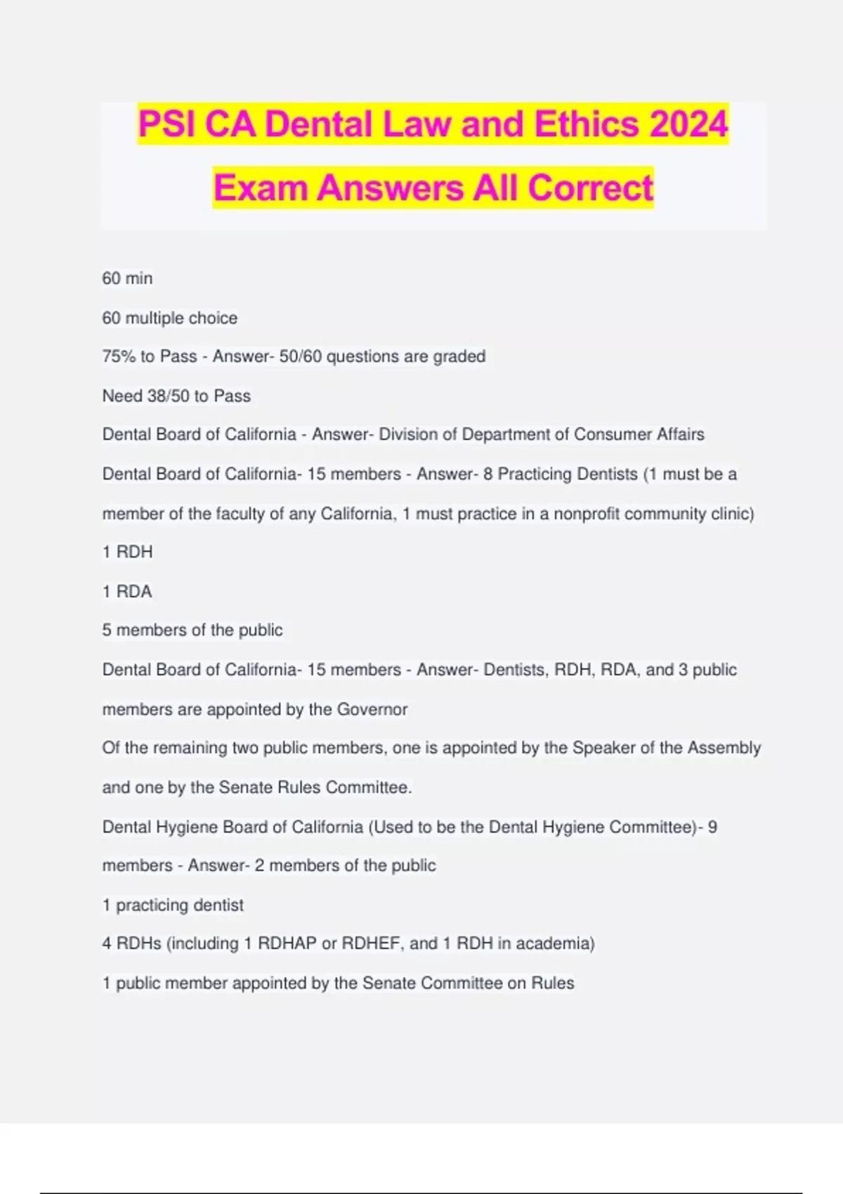 PSI CA Dental Law and Ethics 2024 Exam Answers All Correct CA Dental Law and Ethics Stuvia US