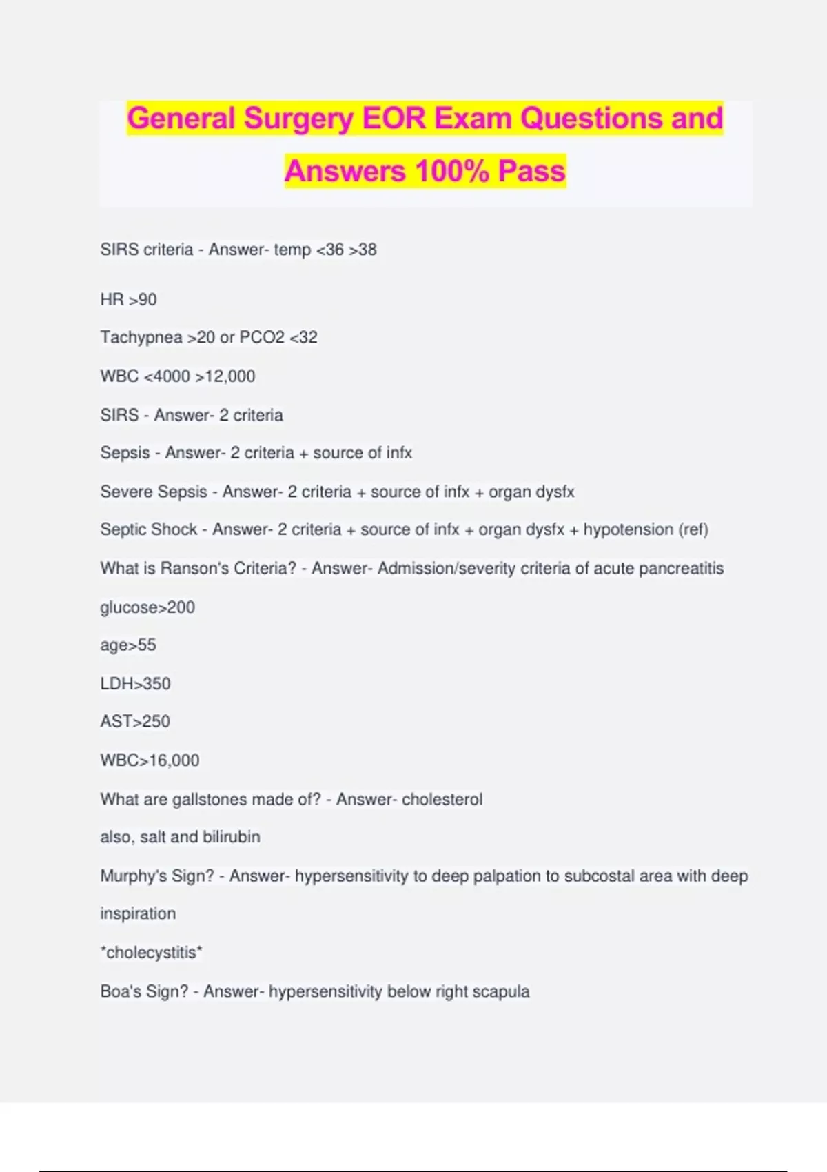 General Surgery EOR Exam Questions and Answers 100 Pass Surgery EOR
