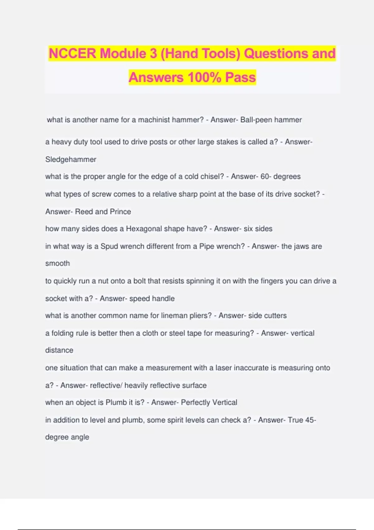 NCCER Module 3 (Hand Tools) Questions and Answers 100 Pass NCCER Stuvia US