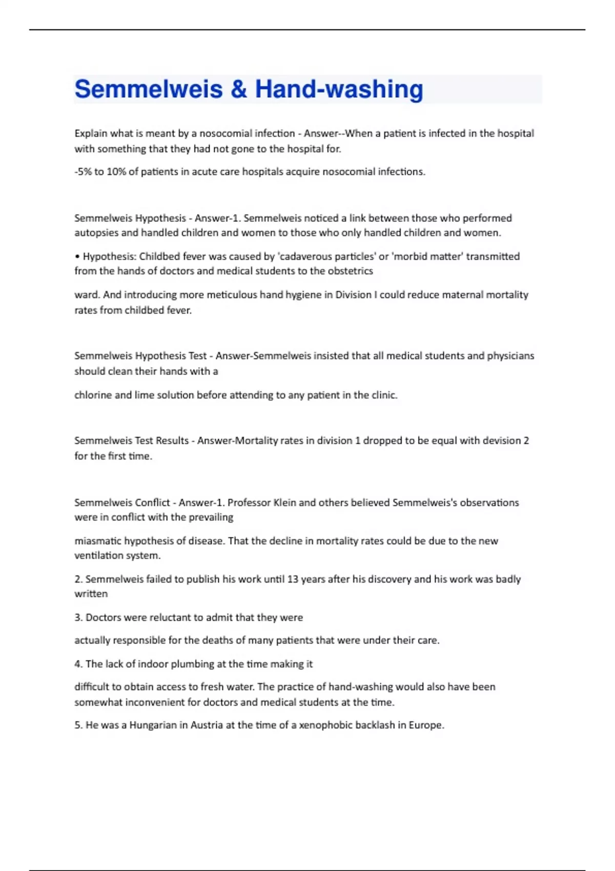 Semmelweis & Handwashing (Questions & Answers) Rated 100 Correct