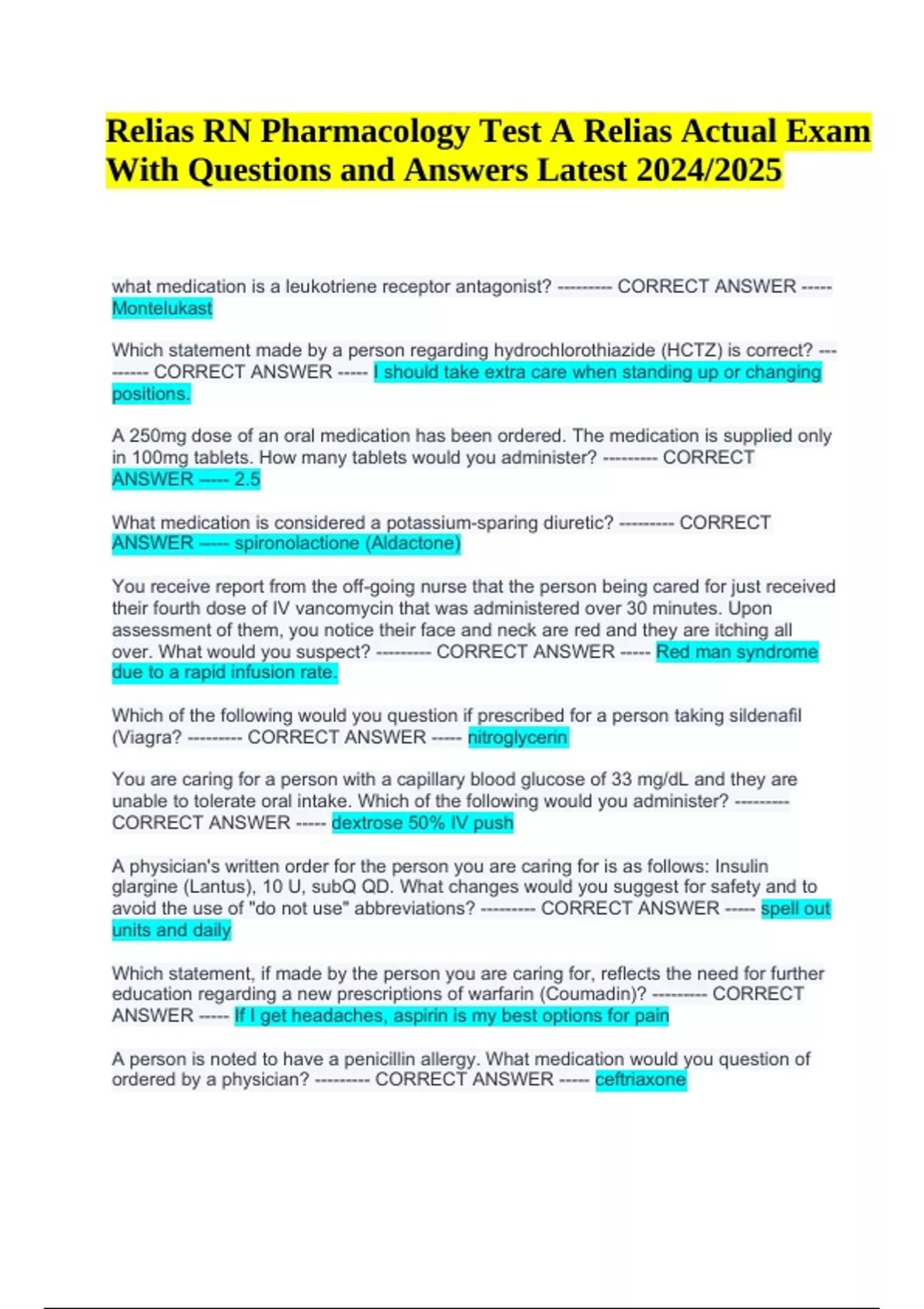 Relias RN Pharmacology Test A Relias Actual Exam With Questions and