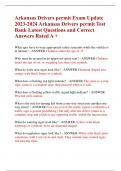 Arkansas Drivers permit Exam Update  2023-2024 Arkansas Drivers permit Test  Bank Latest Questions and Correct  Answers Rated A &plus;