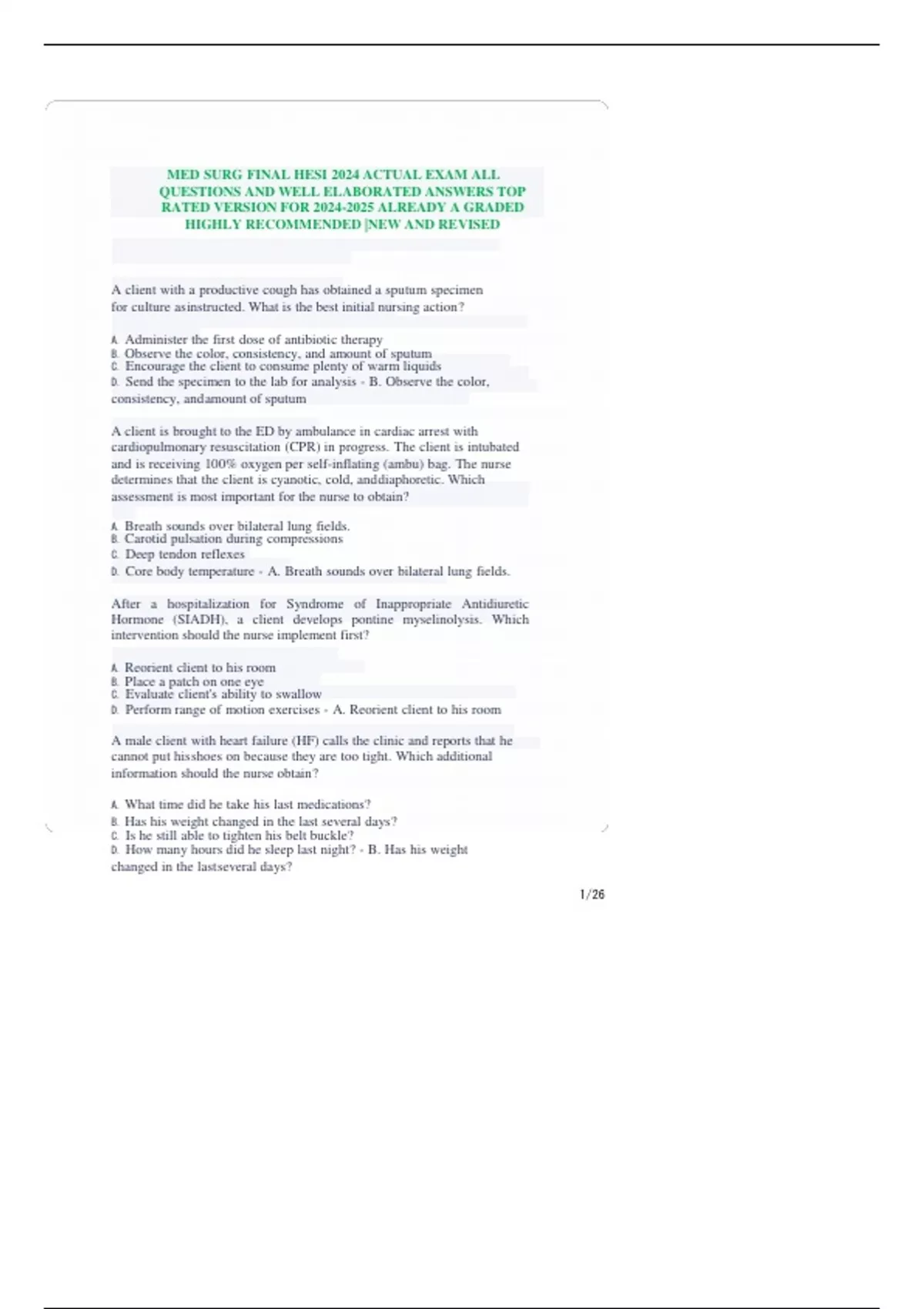 MED SURG FINAL HESI 2024 ACTUAL EXAM ALL QUESTIONS AND WELL ELABORATED ...
