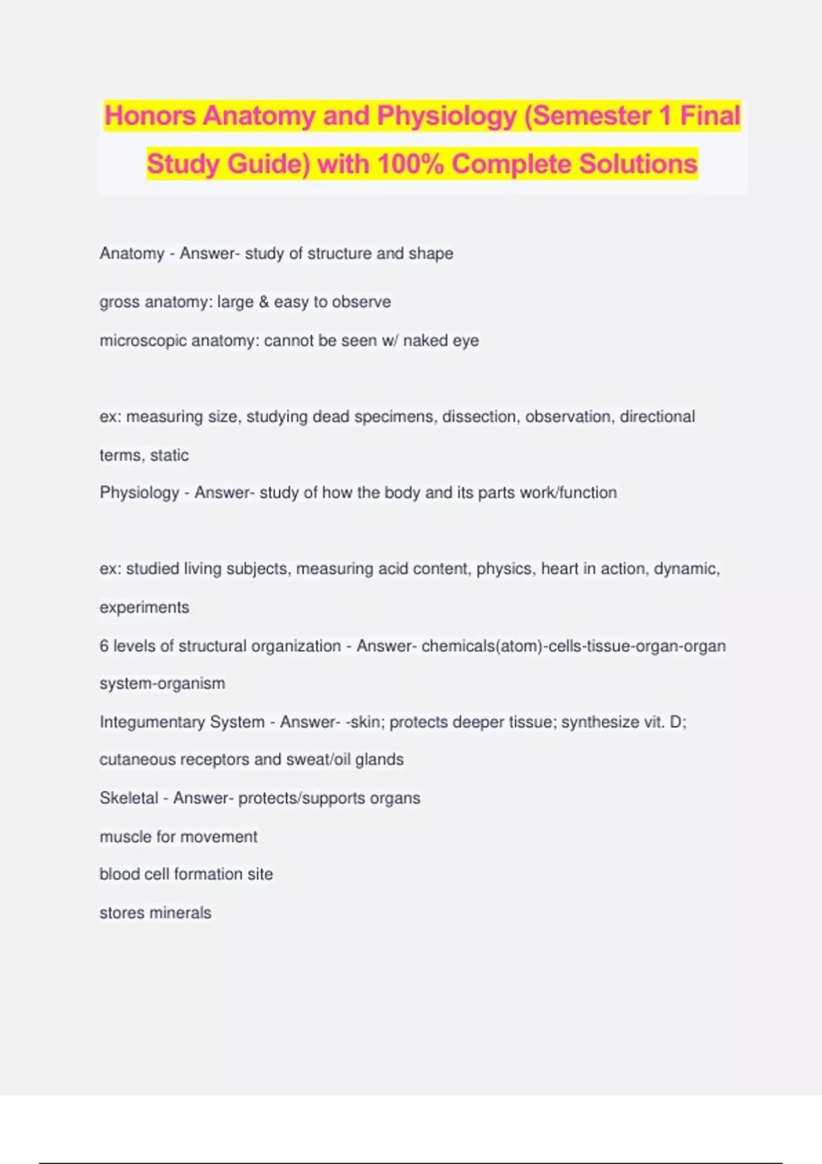 Honors Anatomy and Physiology (Semester 1 Final Study Guide) with 100% ...