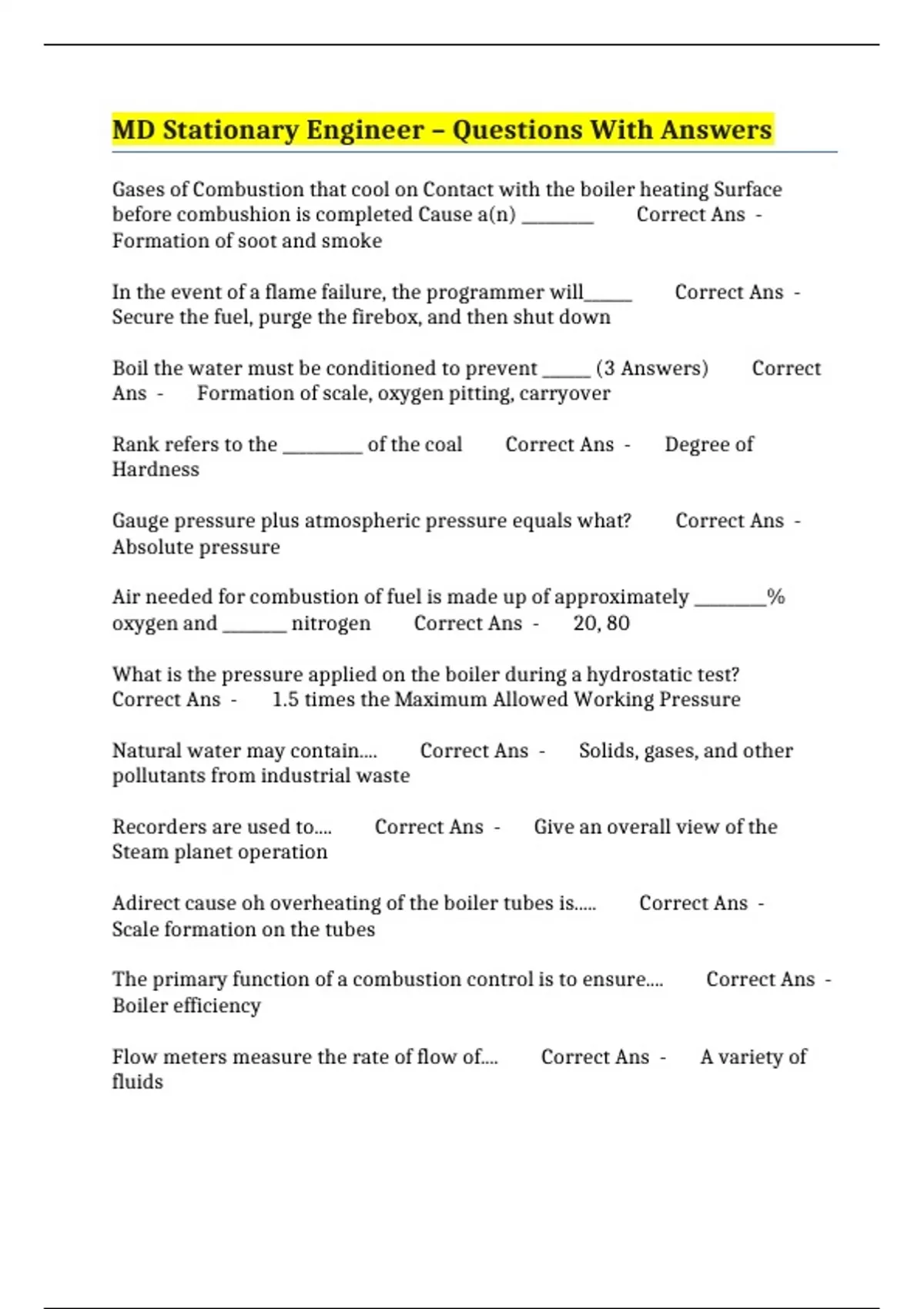 MD Stationary Engineer Questions With Answers Stationary Engineer Stuvia US