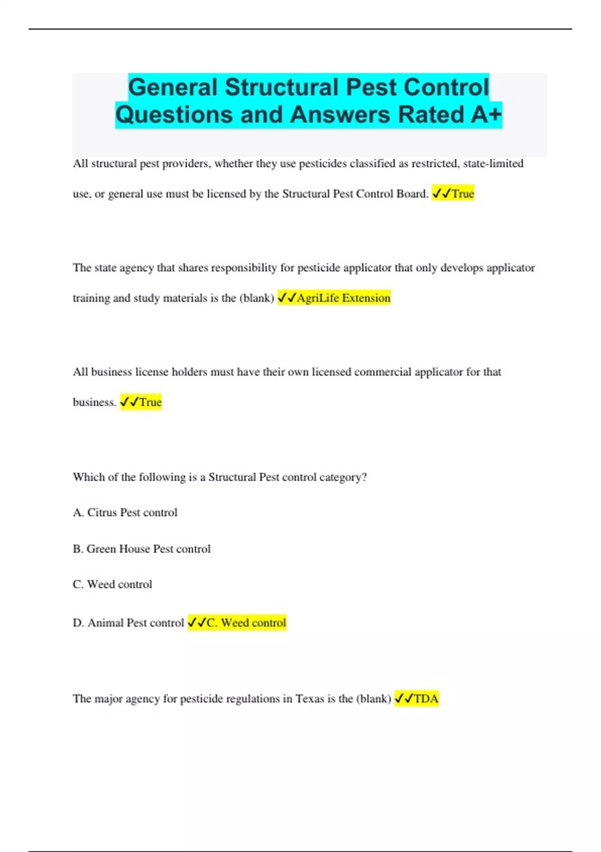 General Structural Pest Control Questions and Answers Rated A+
