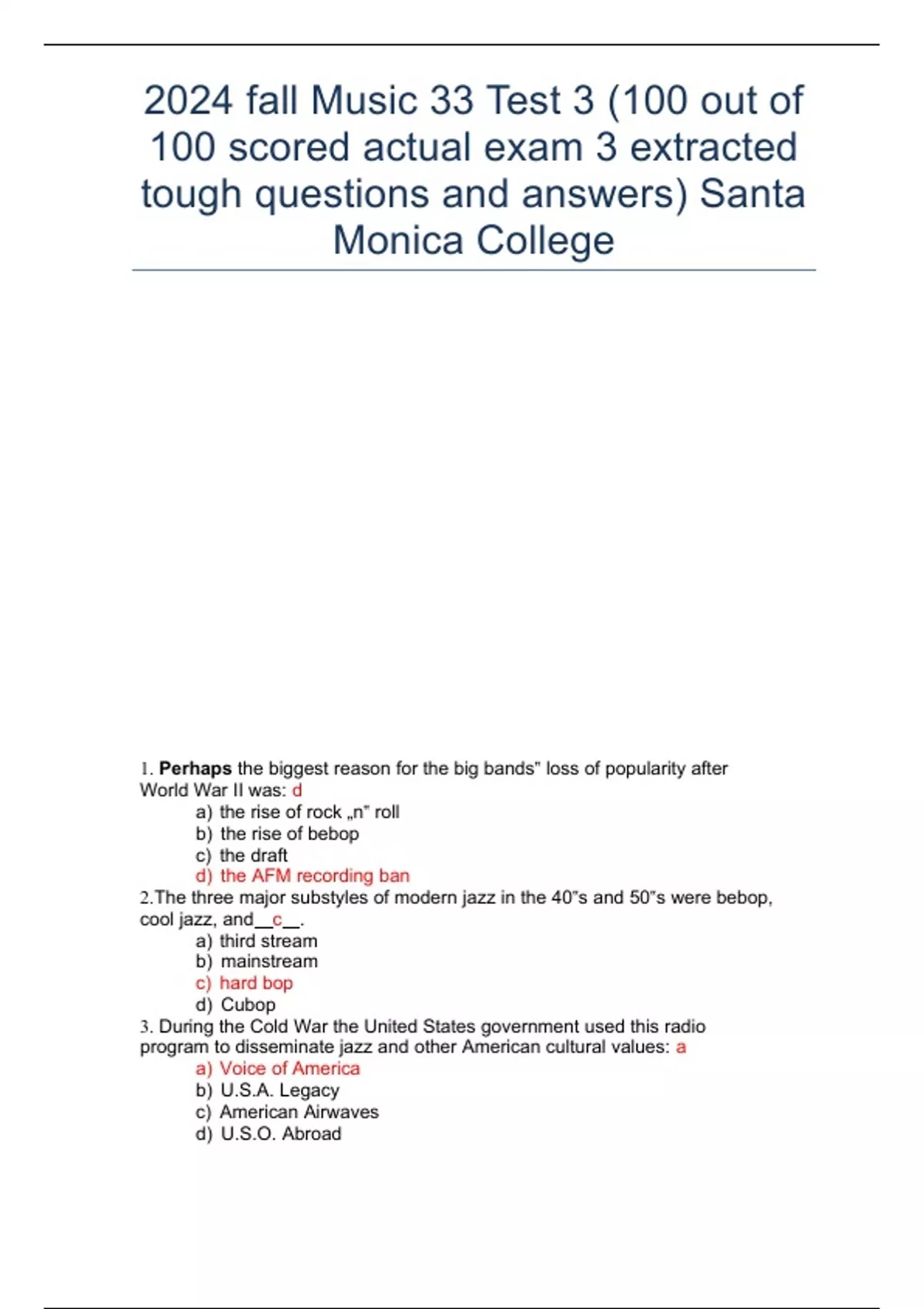 2024 Fall Music 33 Test 3 100 Out Of 100 Scored Actual Exam 3