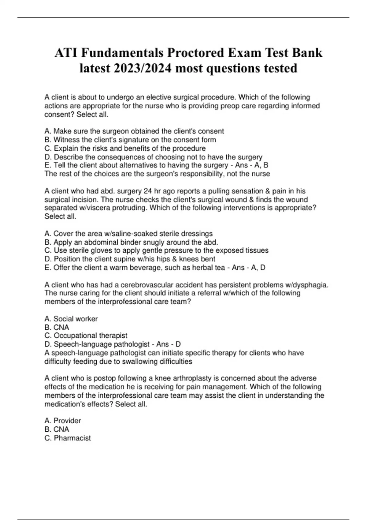 ATI Fundamentals Proctored Exam Test Bank latest 2023/2024 most