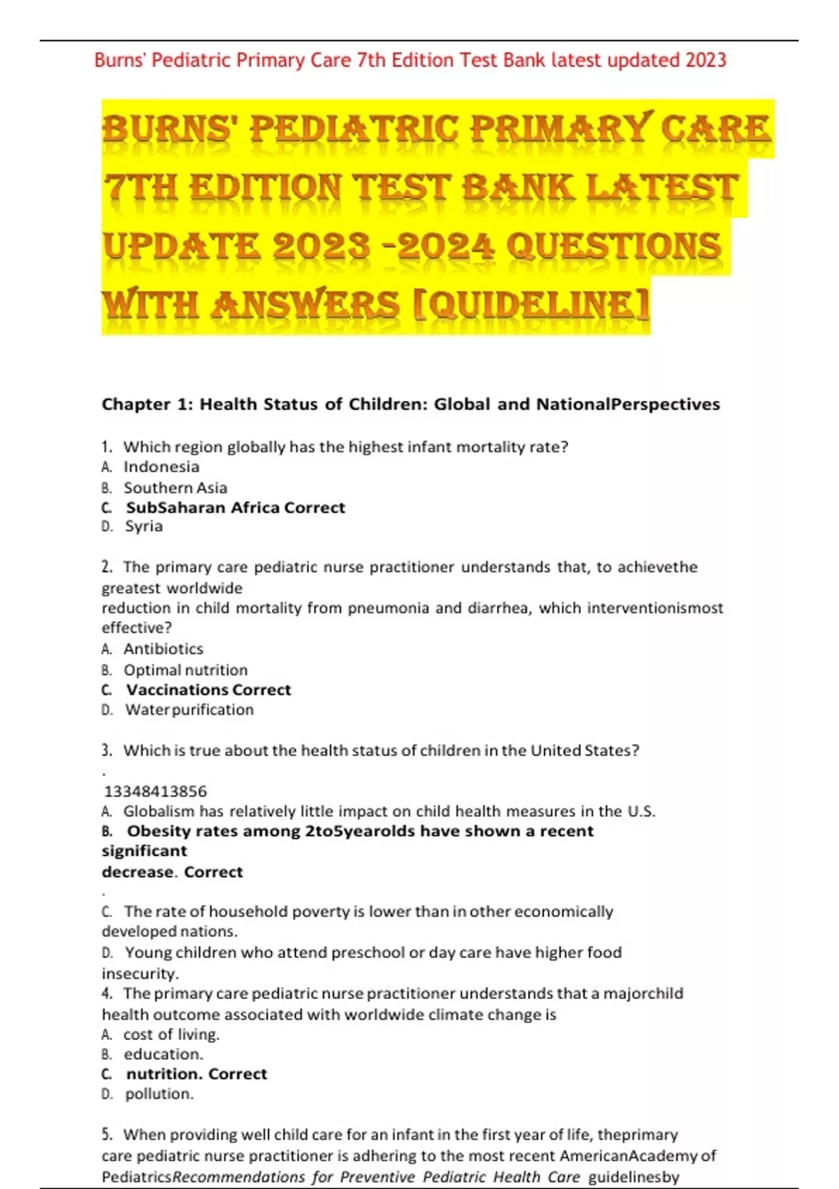 TEST BANK For Burns' Pediatric Primary Care 7th Edition All Chapters