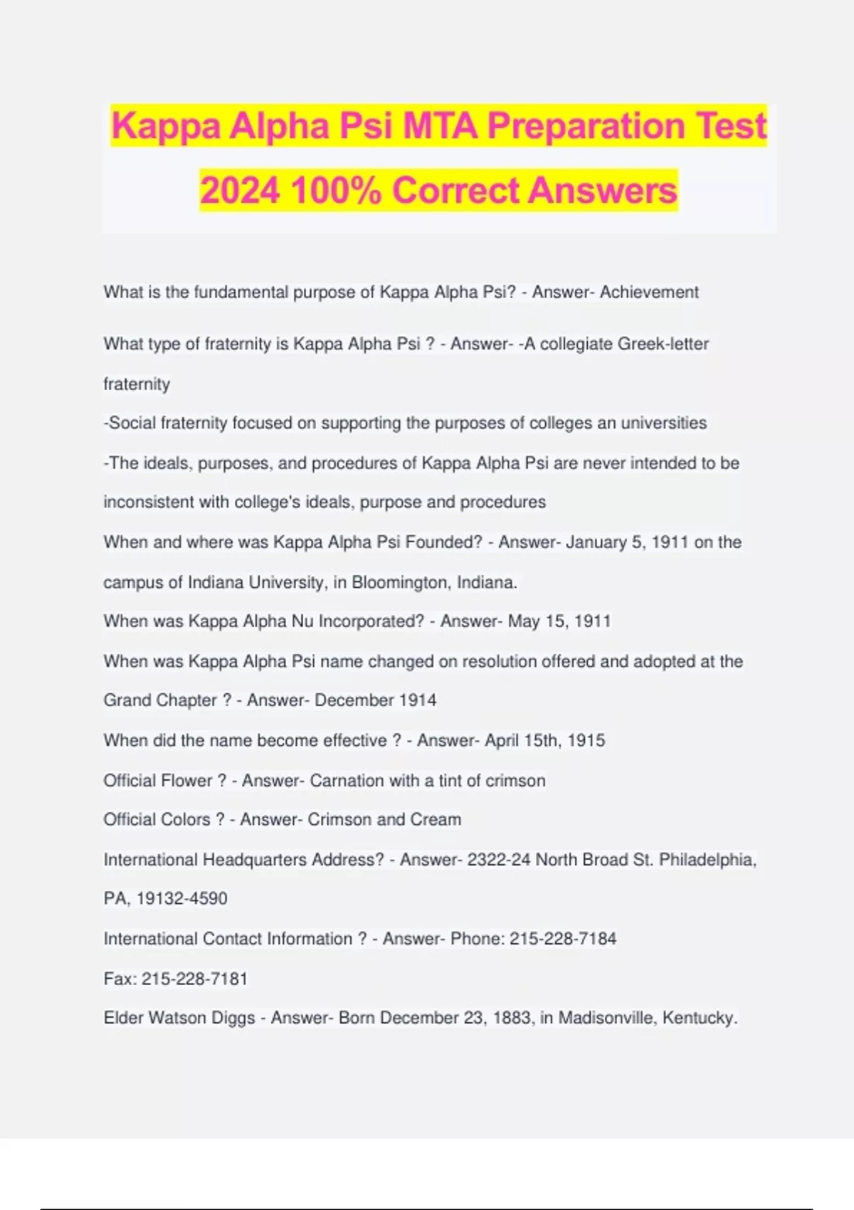 Kappa Alpha Psi MTA Preparation Test 2024 100% Correct Answers - Kappa ...