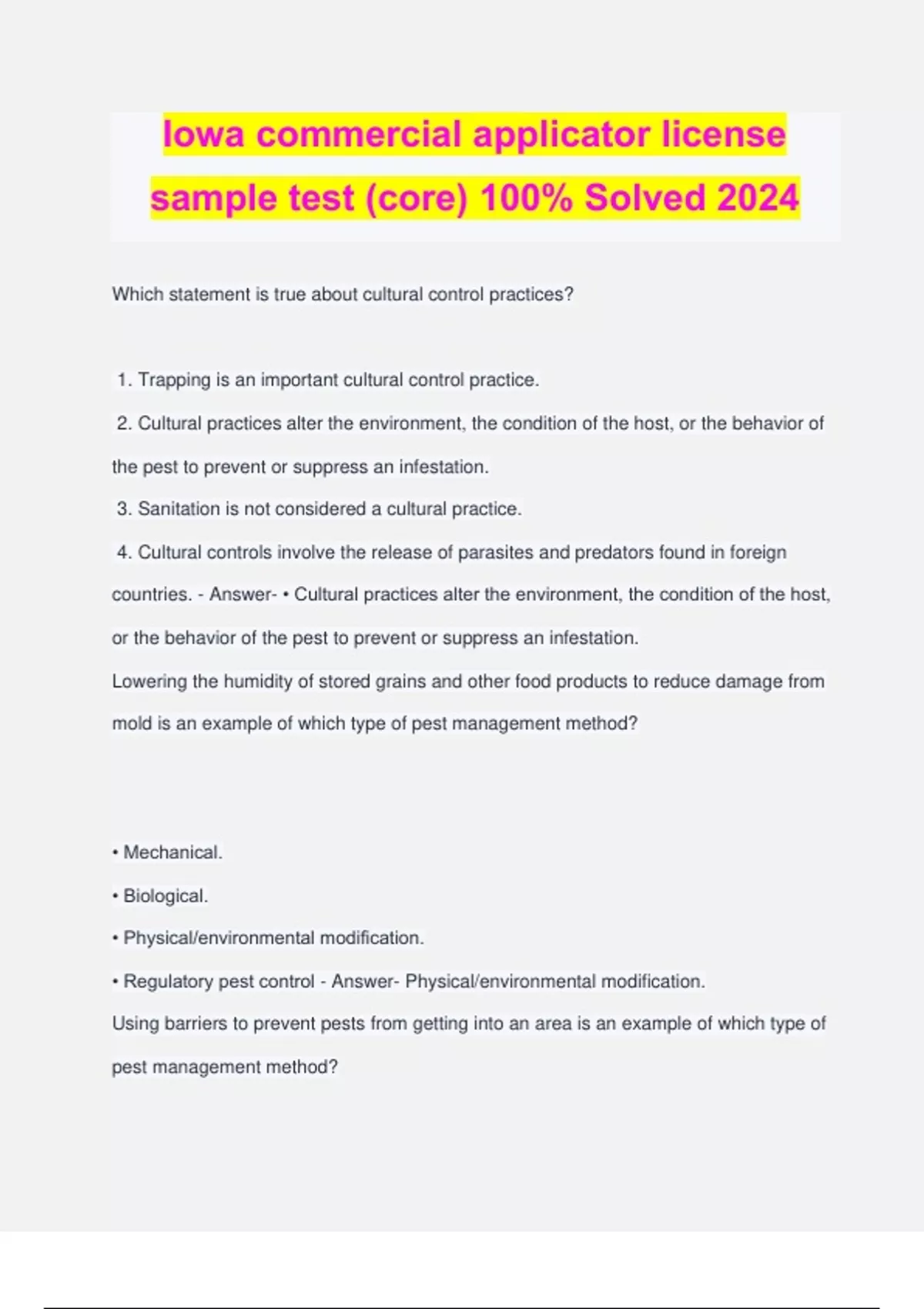 Iowa commercial applicator license sample test (core) 100 Solved 2024