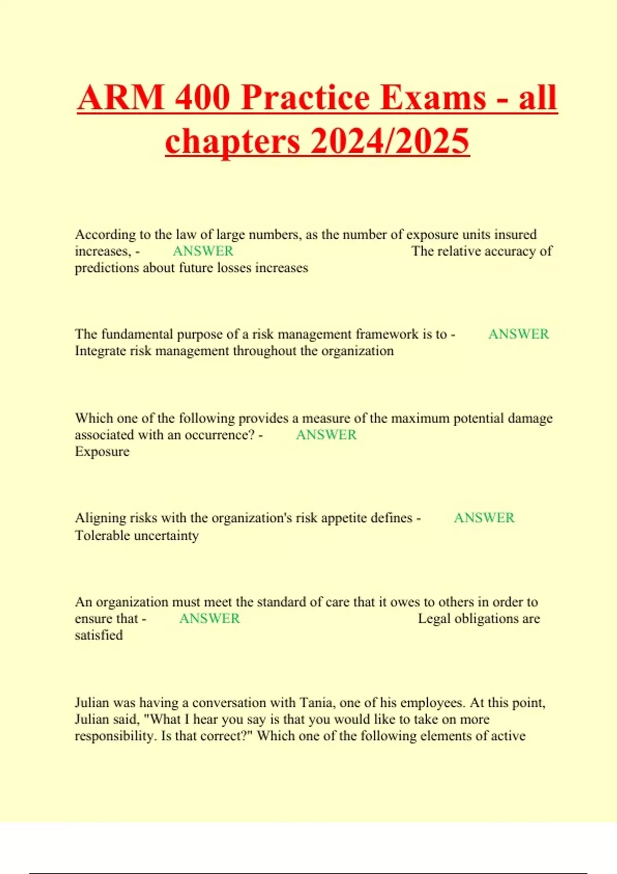 ARM 400 Risk in an Evolving World Exam Review Questions and Verified