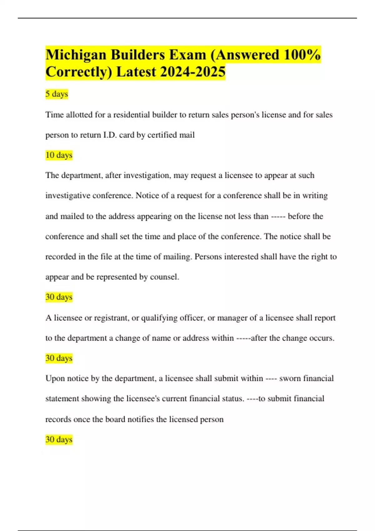 Michigan Builders Exam (Answered 100% Correctly) Latest Michigan Michigan Builders Exam (Answered 100% Correctly) Latest Michigan