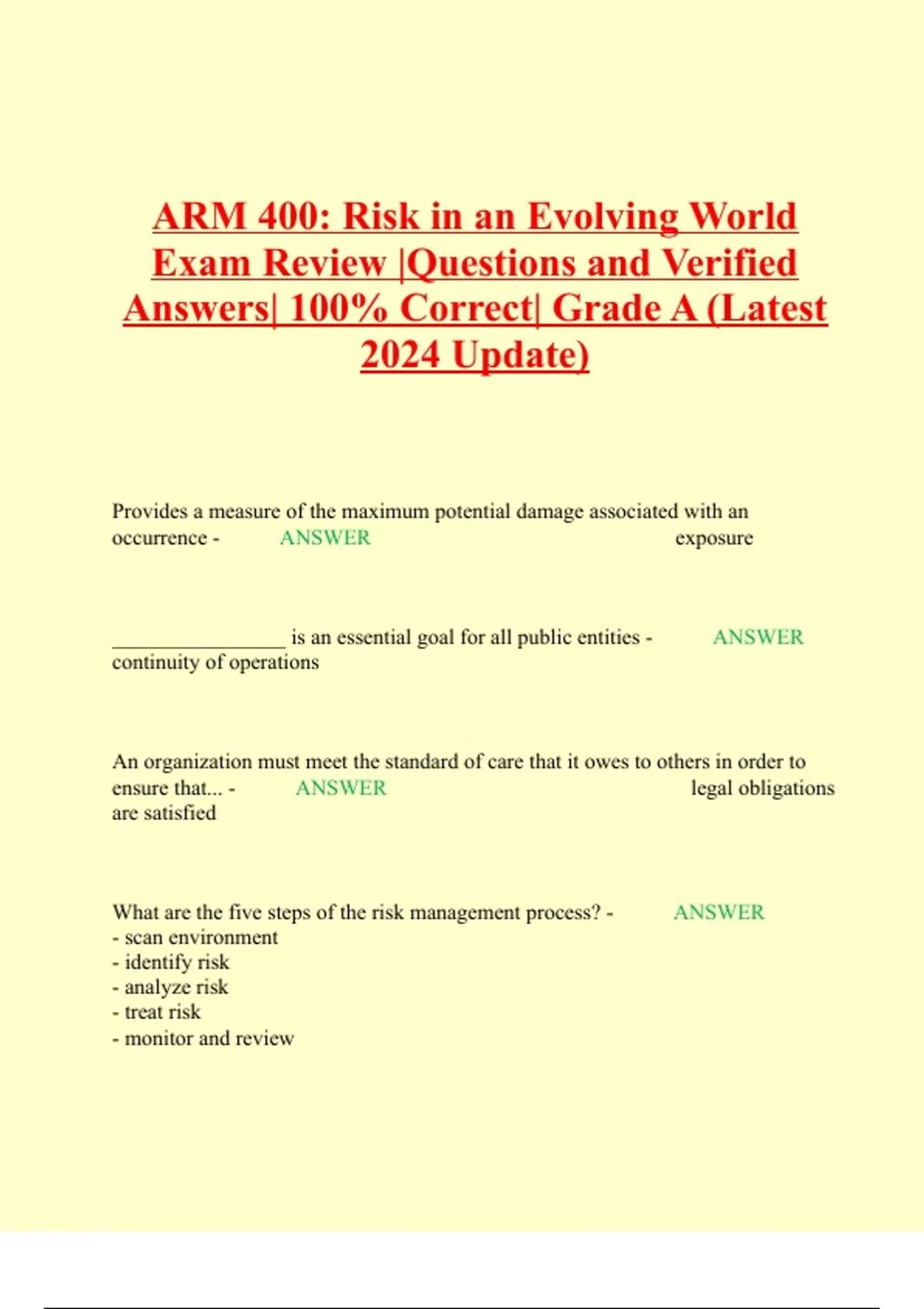 ARM 400 Risk in an Evolving World Exam Review Questions and Verified