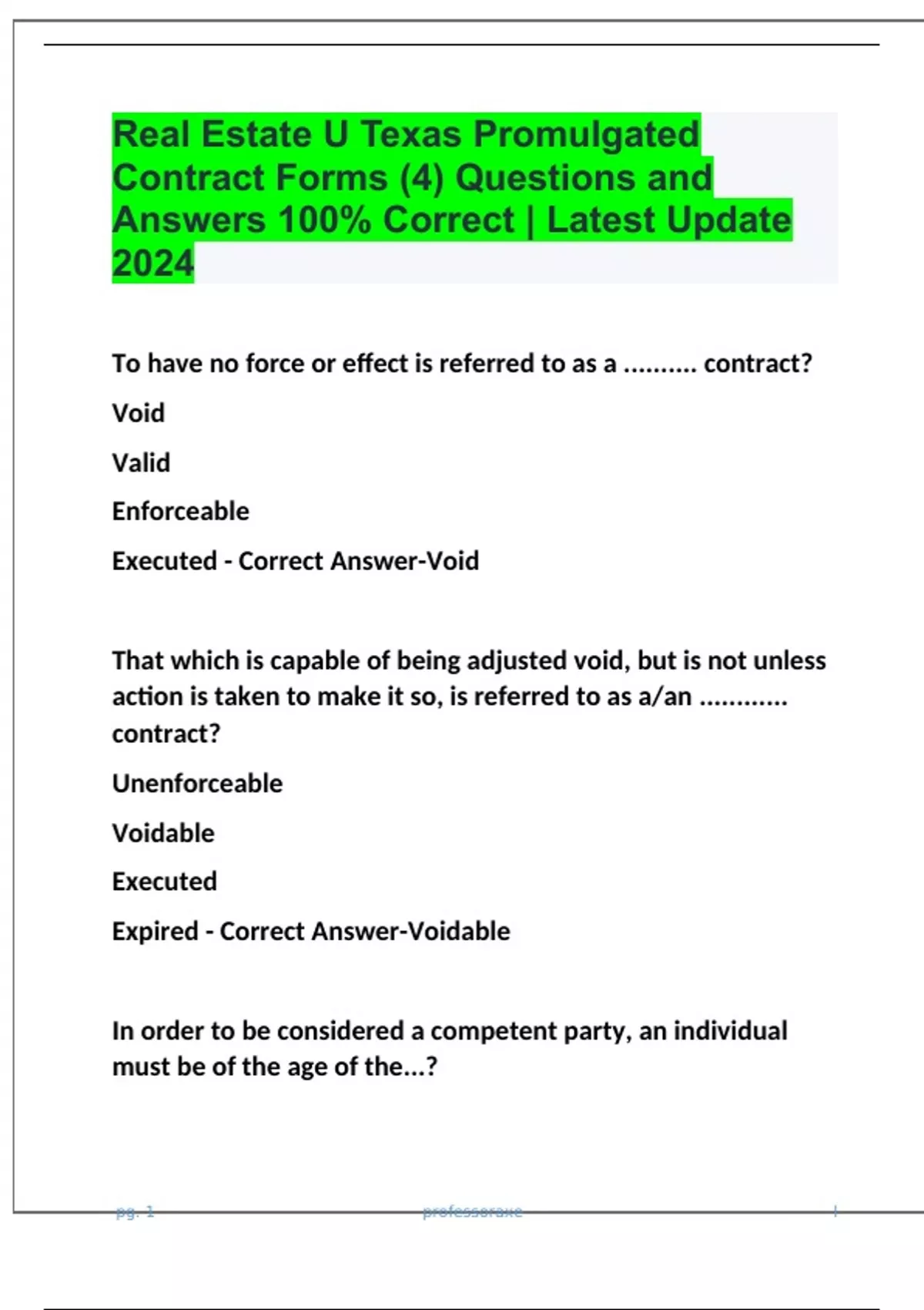 Real Estate U Texas Promulgated Contract Forms (4) Questions and