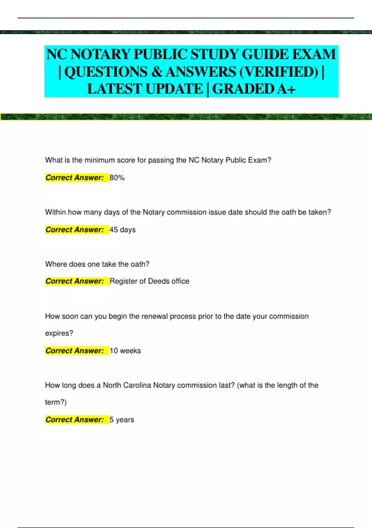 NC NOTARY PUBLIC STUDY GUIDE EXAM QUESTIONS & ANSWERS (VERIFIED