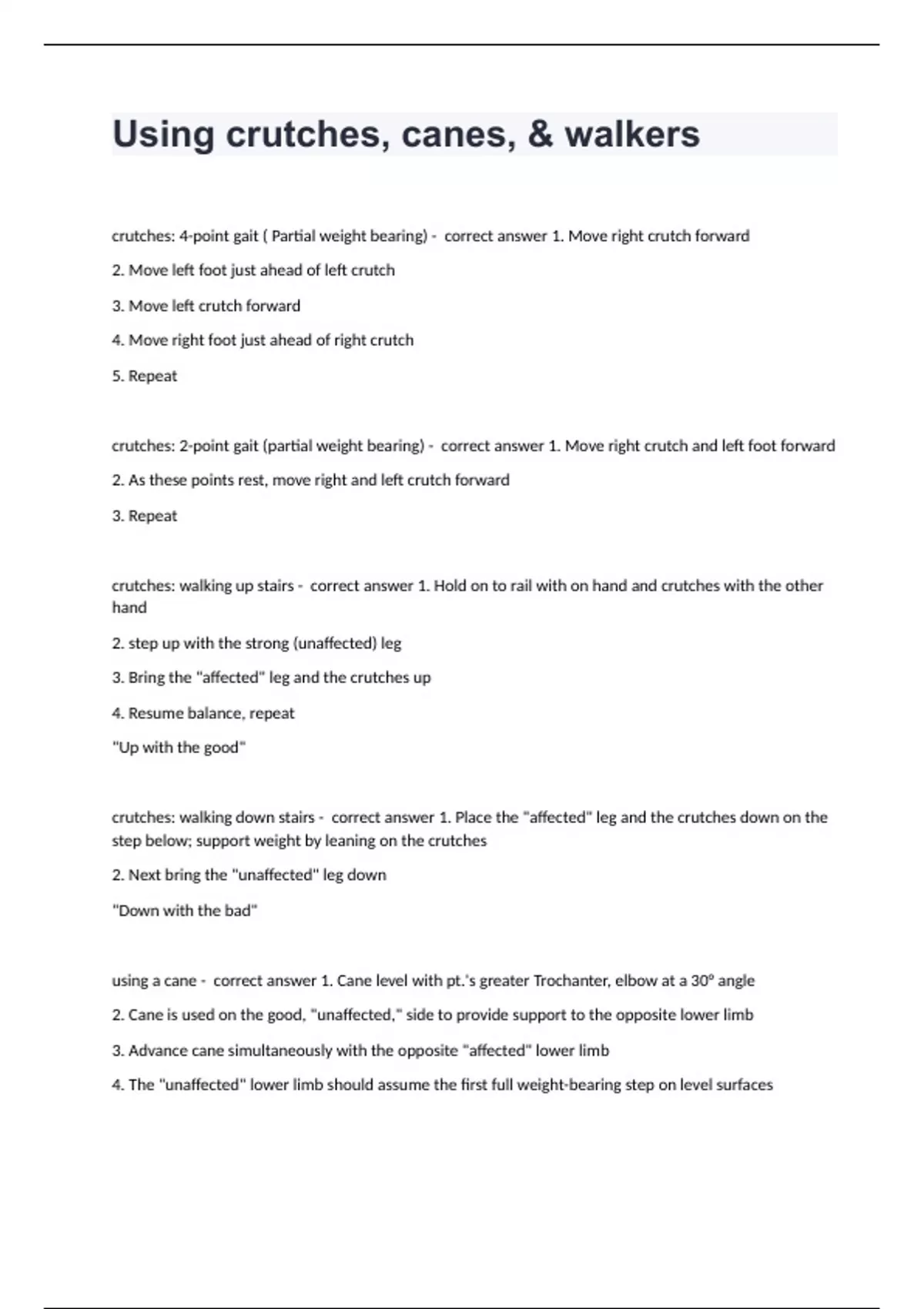 Using crutches, canes, & walkers Question and answers rated A+ 2024