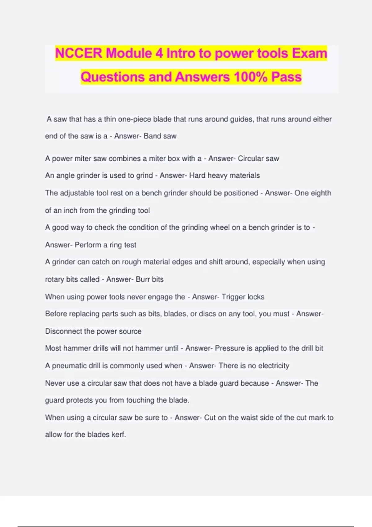 NCCER Module 4 Intro to power tools Exam Questions and Answers 100