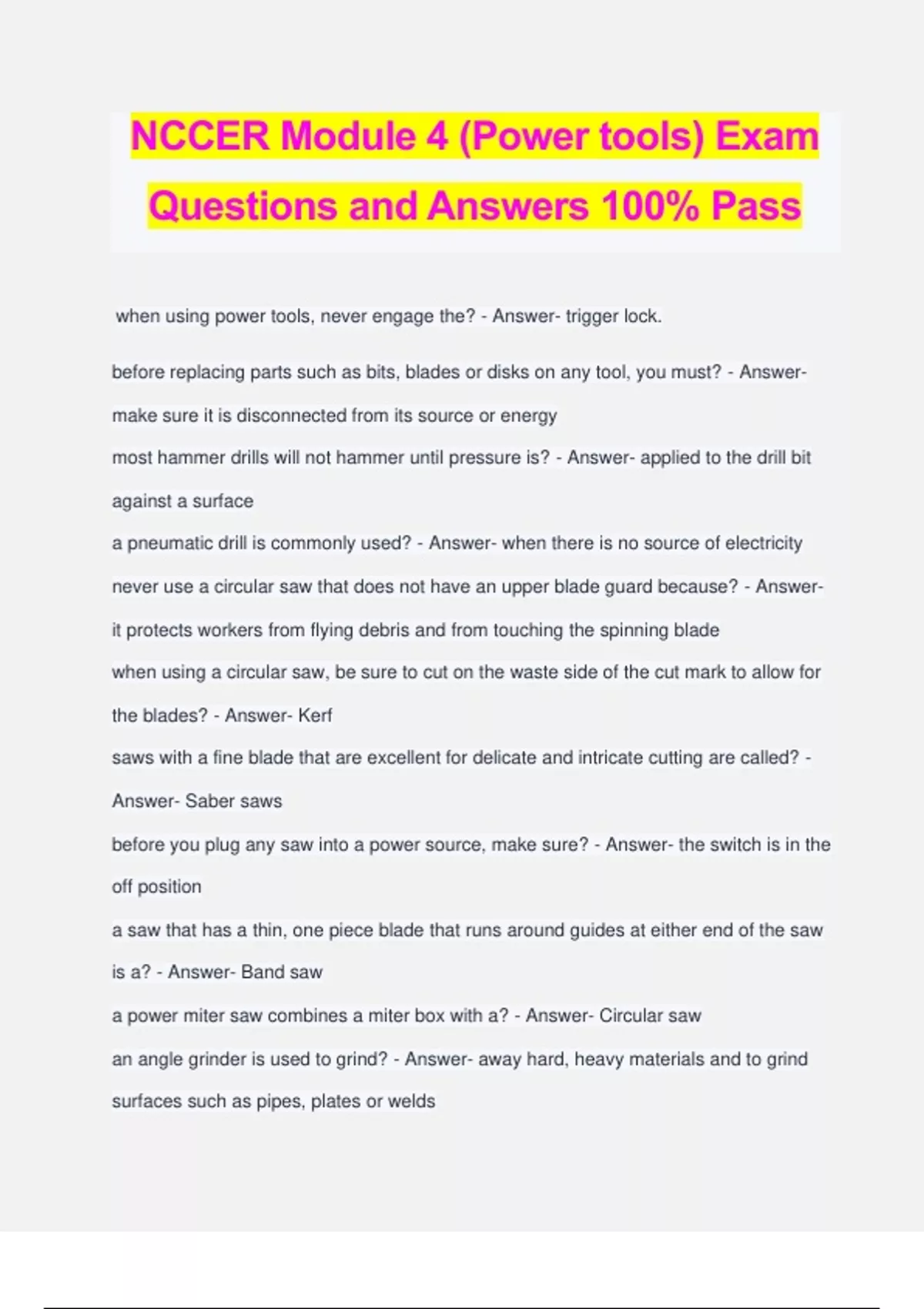 NCCER Module 4 (Power tools) Exam Questions and Answers 100 Pass