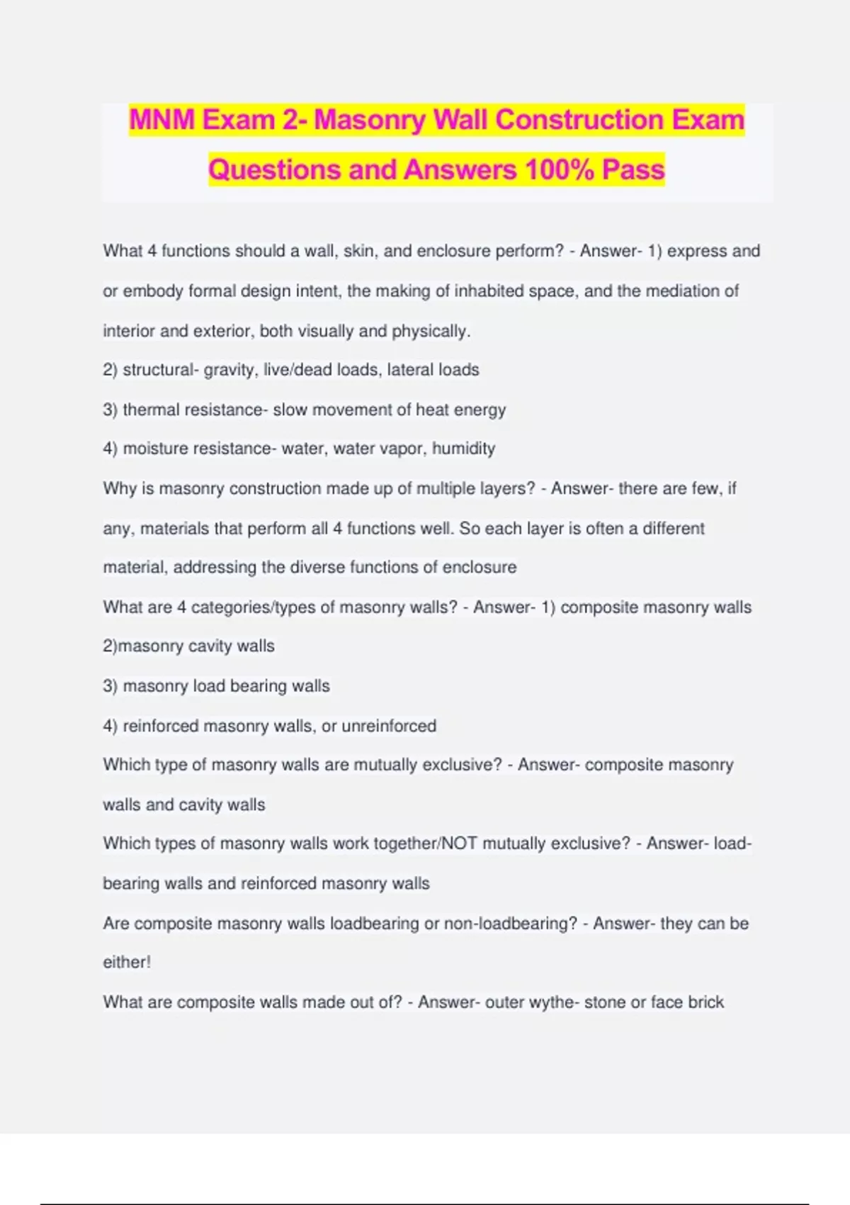 MNM Exam 2 Masonry Wall Construction Exam Questions and Answers 100 Pass MNM Stuvia US
