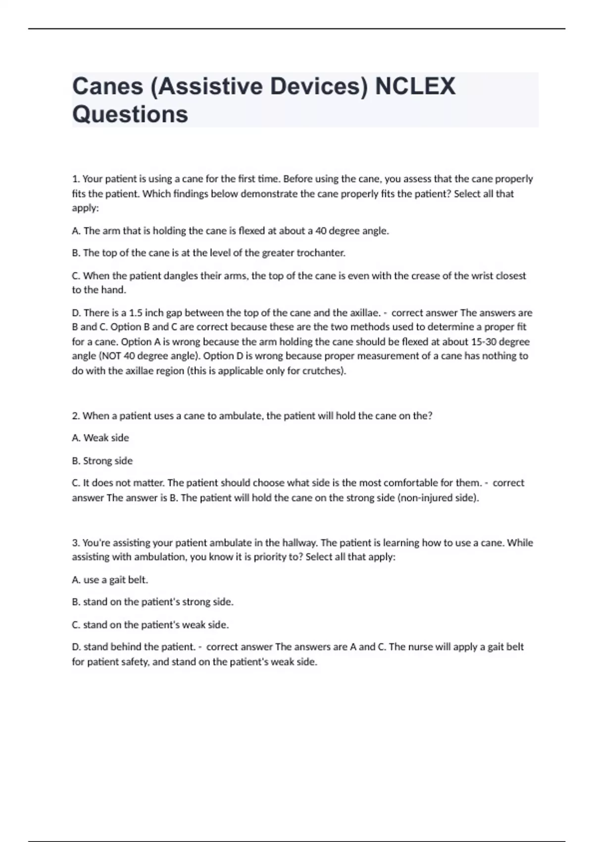 Canes (Assistive Devices) NCLEX Questions and answers already passed
