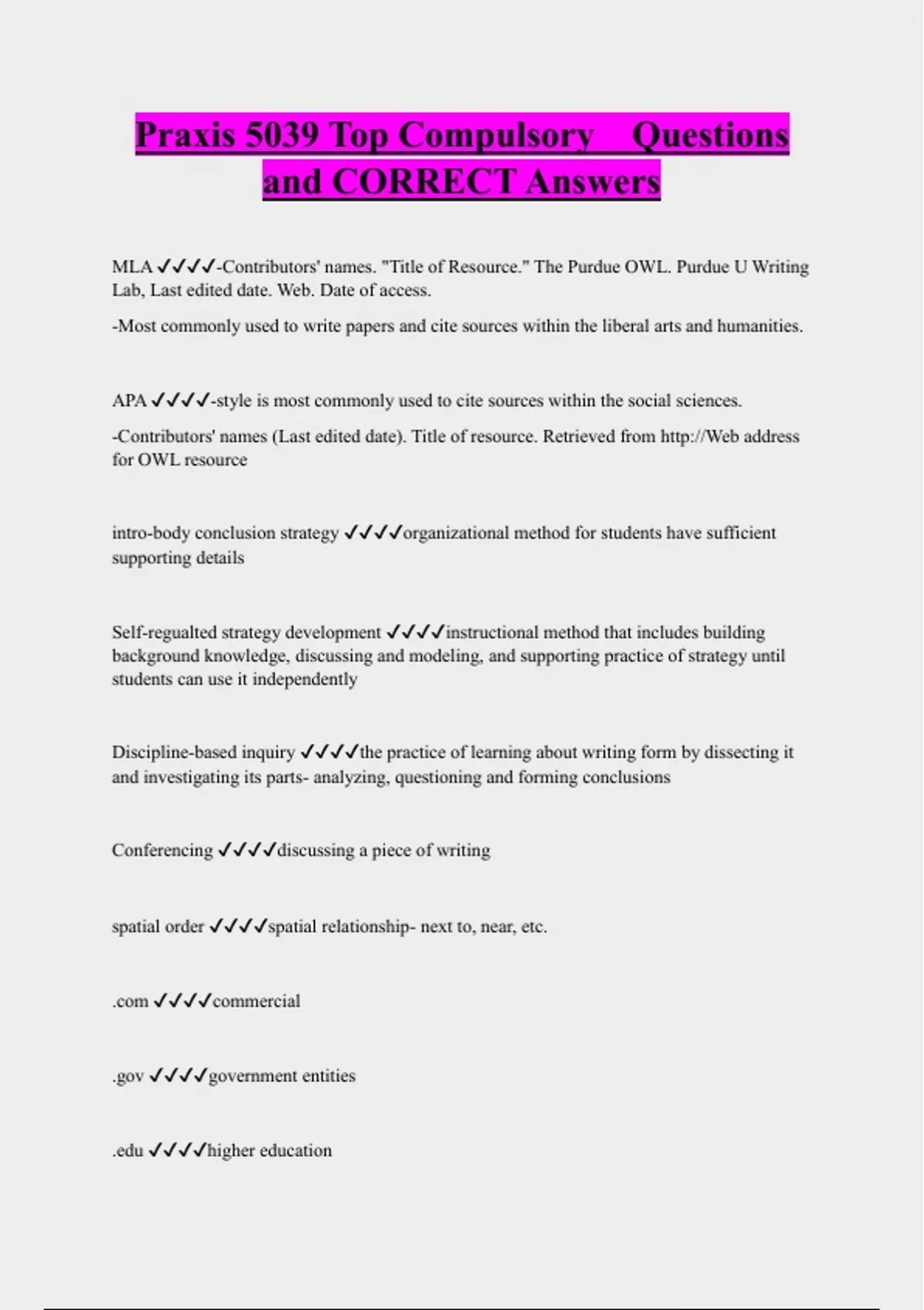 Praxis 5039 Top Compulsory Questions and CORRECT Answers - Praxis 5039 - Stuvia US