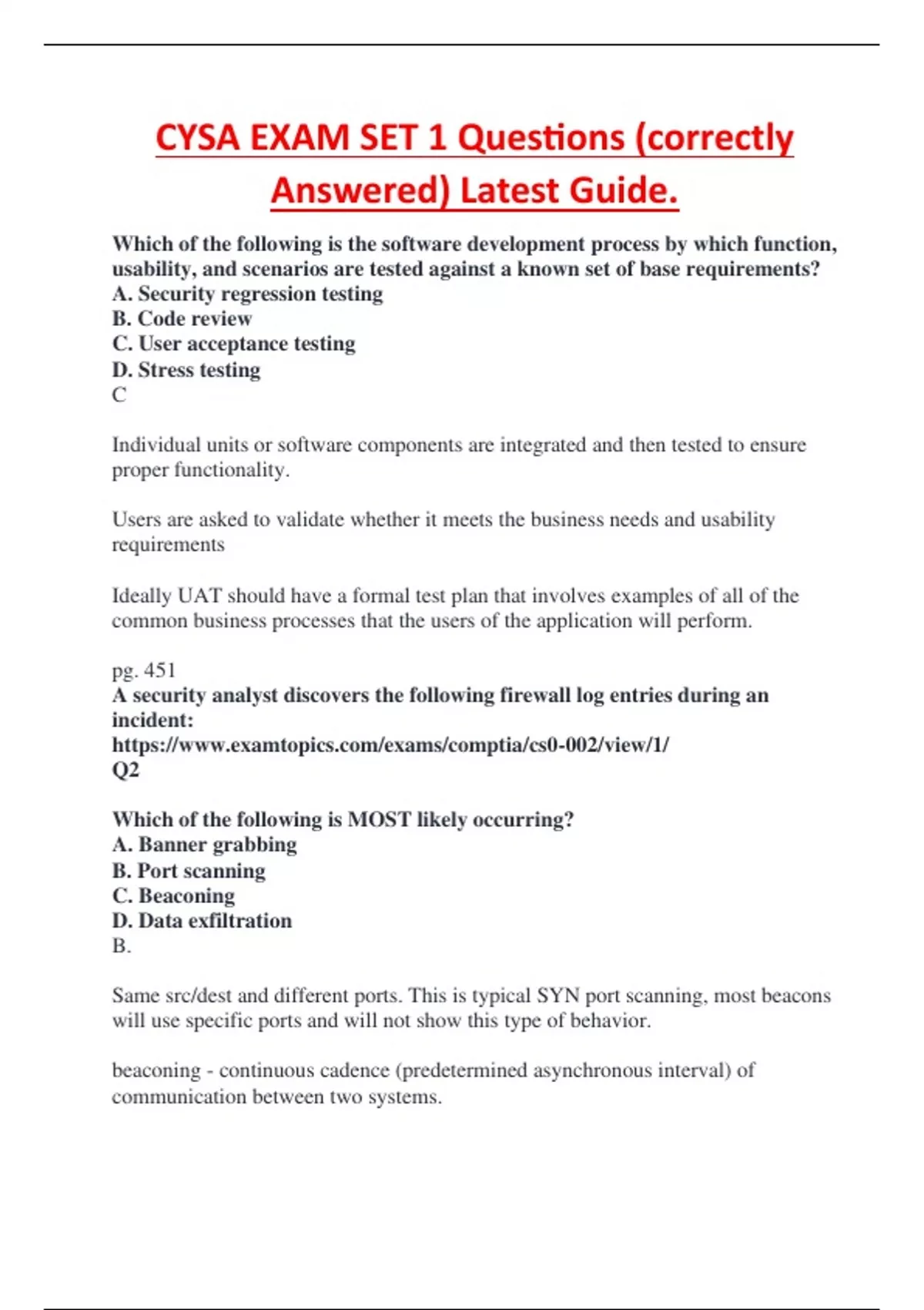 CYSA EXAM SET 1 Questions (correctly Answered) Latest Guide. - CYSA ...