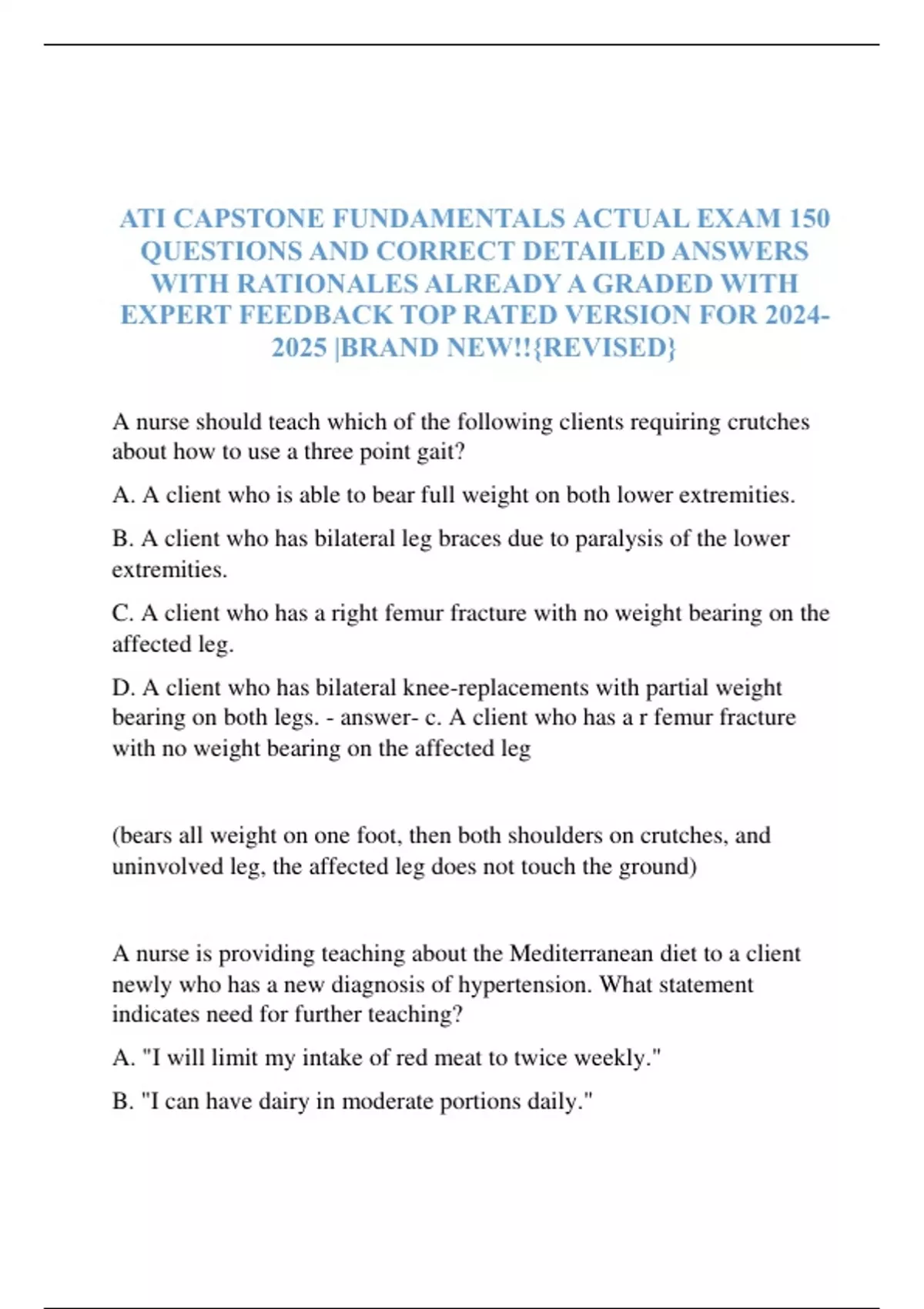 ATI CAPSTONE FUNDAMENTALS ACTUAL EXAM 150 QUESTIONS AND CORRECT ...