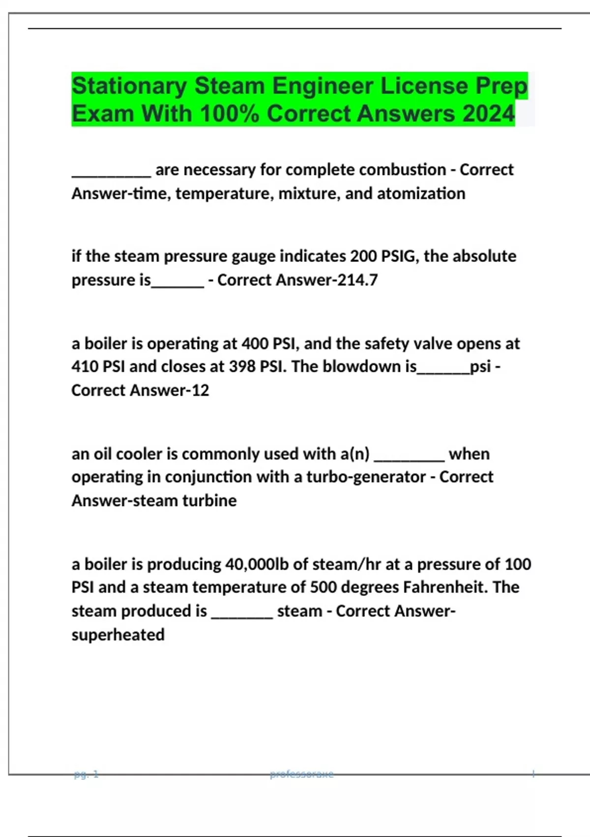 Stationary Steam Engineer License Prep Exam With 100 Correct Answers 2024 Stationary Steam