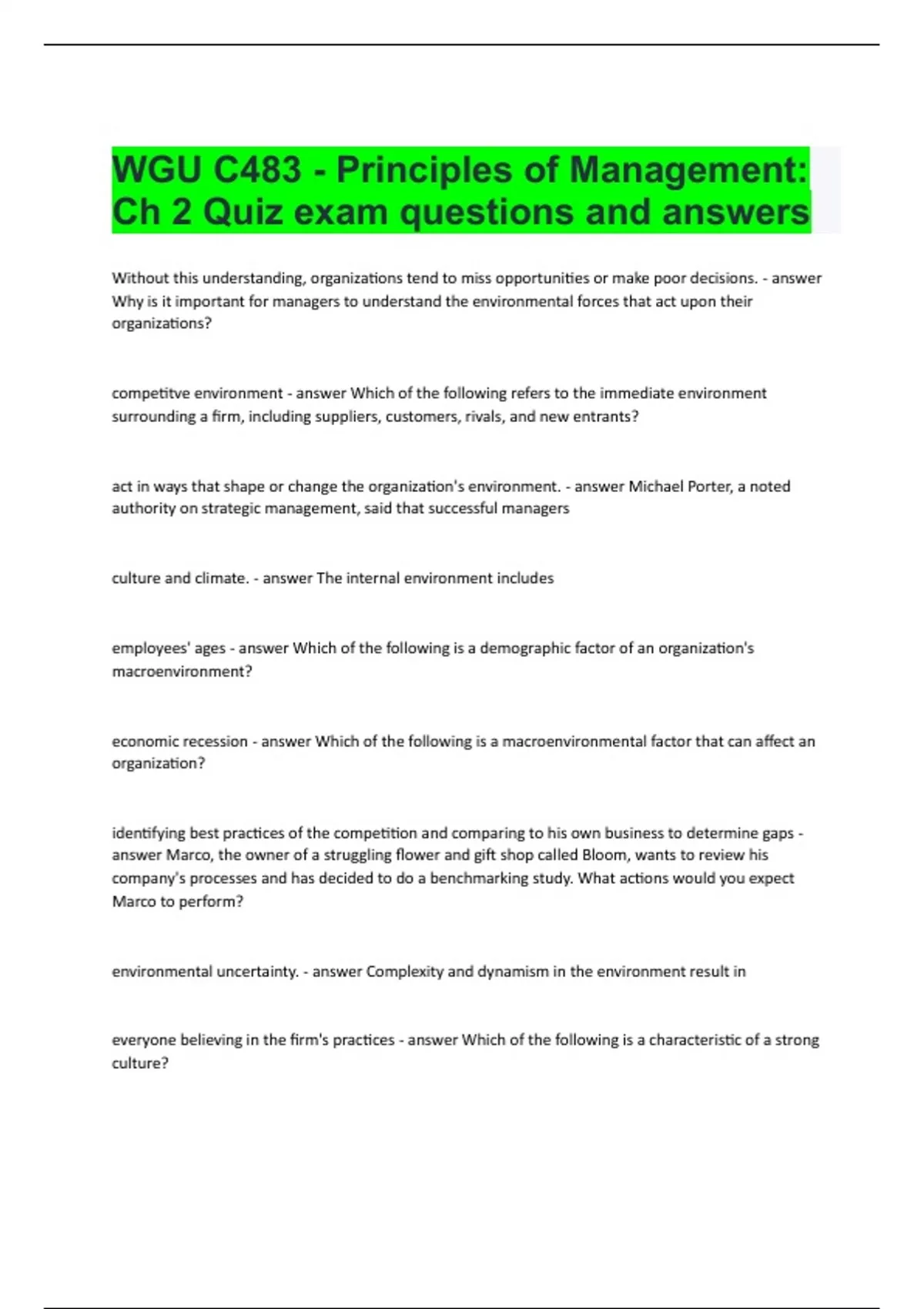 WGU C483 - Principles of Management: Ch 2 Quiz exam questions and ...