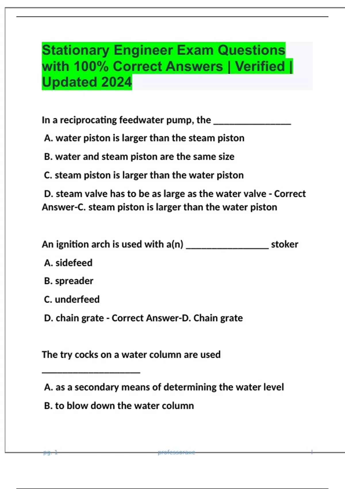 Stationary Engineer Exam Questions with 100 Correct Answers Verified Updated 2024