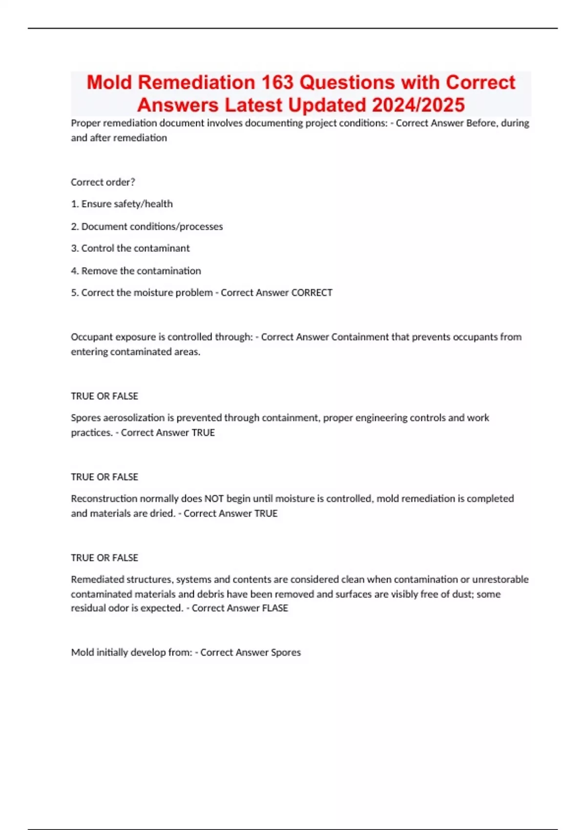 Mold Remediation 163 Questions with Correct Answers Latest Updated 2024