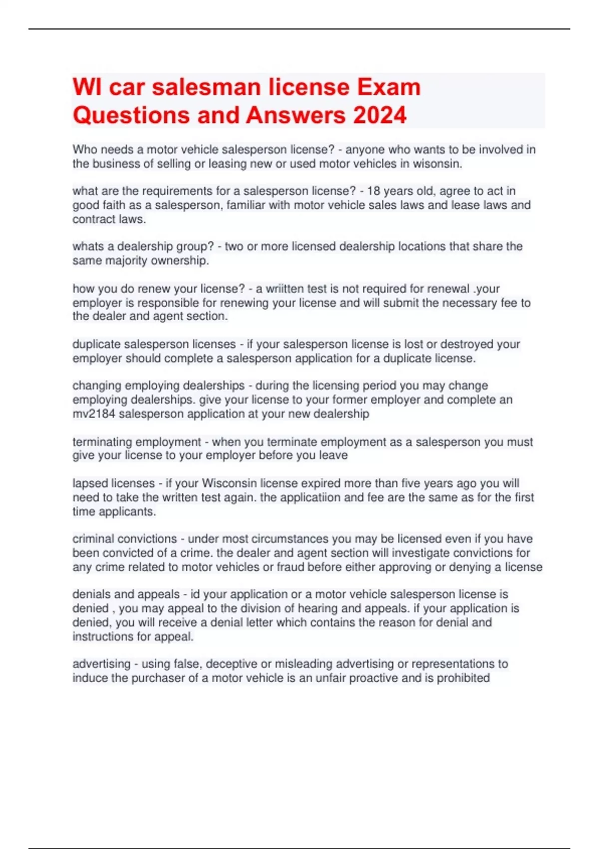 WI car salesman license Exam Questions and Answers 2024 Salesman