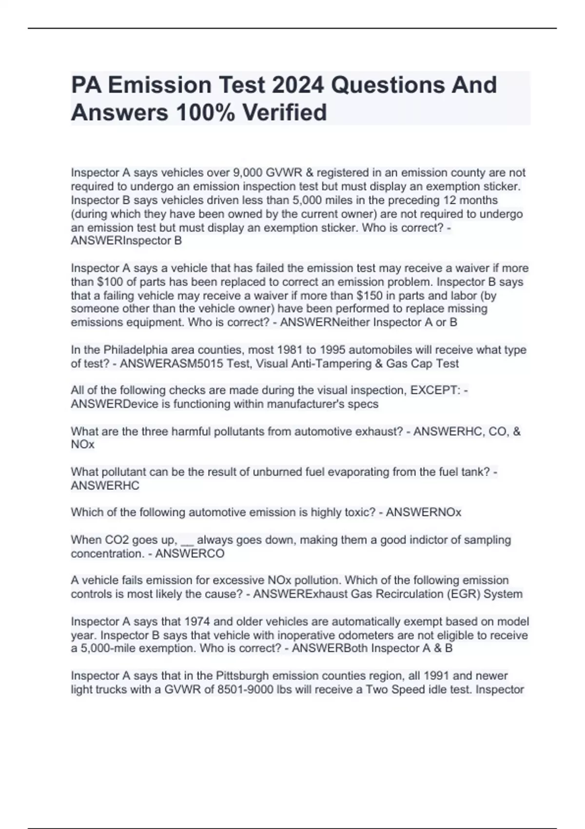 PA Emission Test 2024 Questions And Answers 100 Verified PA Emission