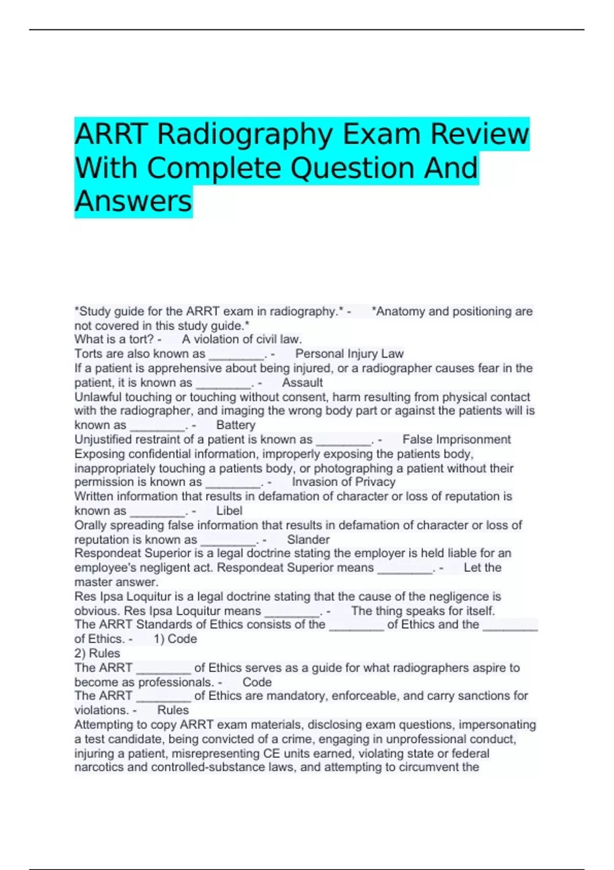 ARRT Radiography Exam Review With Complete Question And Answers - ARRT ...