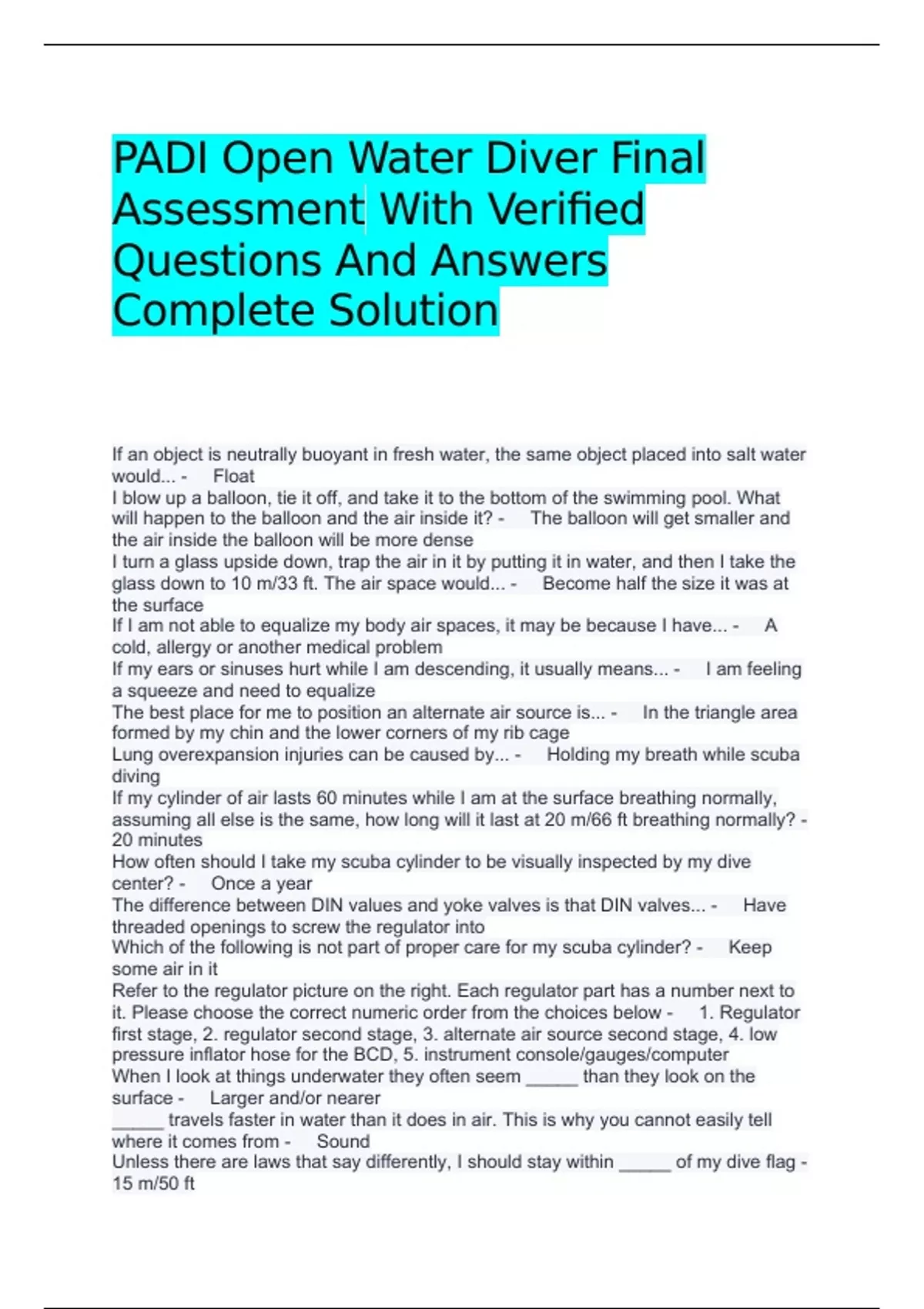 PADI Open Water Diver Final Assessment With Verified Questions And