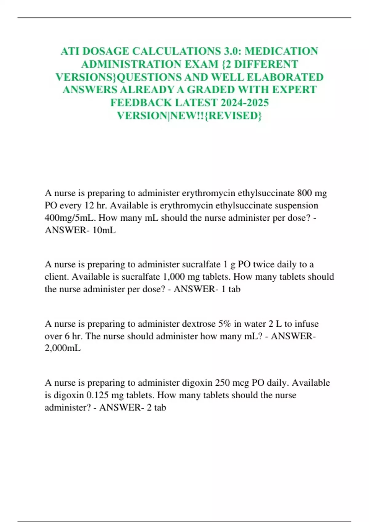 ATI DOSAGE CALCULATIONS 3.0: MEDICATION ADMINISTRATION EXAM {2 ...