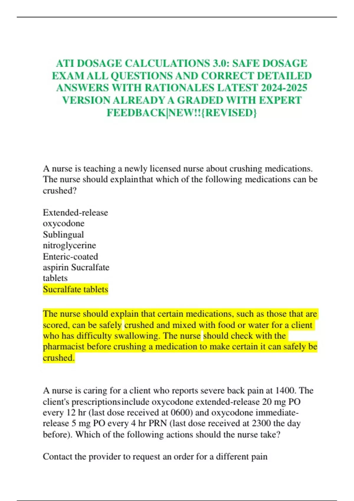 ATI DOSAGE CALCULATIONS 3.0: SAFE DOSAGE EXAM ALL QUESTIONS AND CORRECT ...