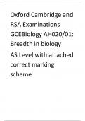 Oxford Cambridge and RSA Examinations  GCEBiology AH020/01:  Breadth in biology  AS Level with attached correct marking scheme
