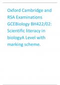 Oxford Cambridge and RSA Examinations  GCEBiology BH422/02:  Scientific literacy in biologyA Level with marking scheme.