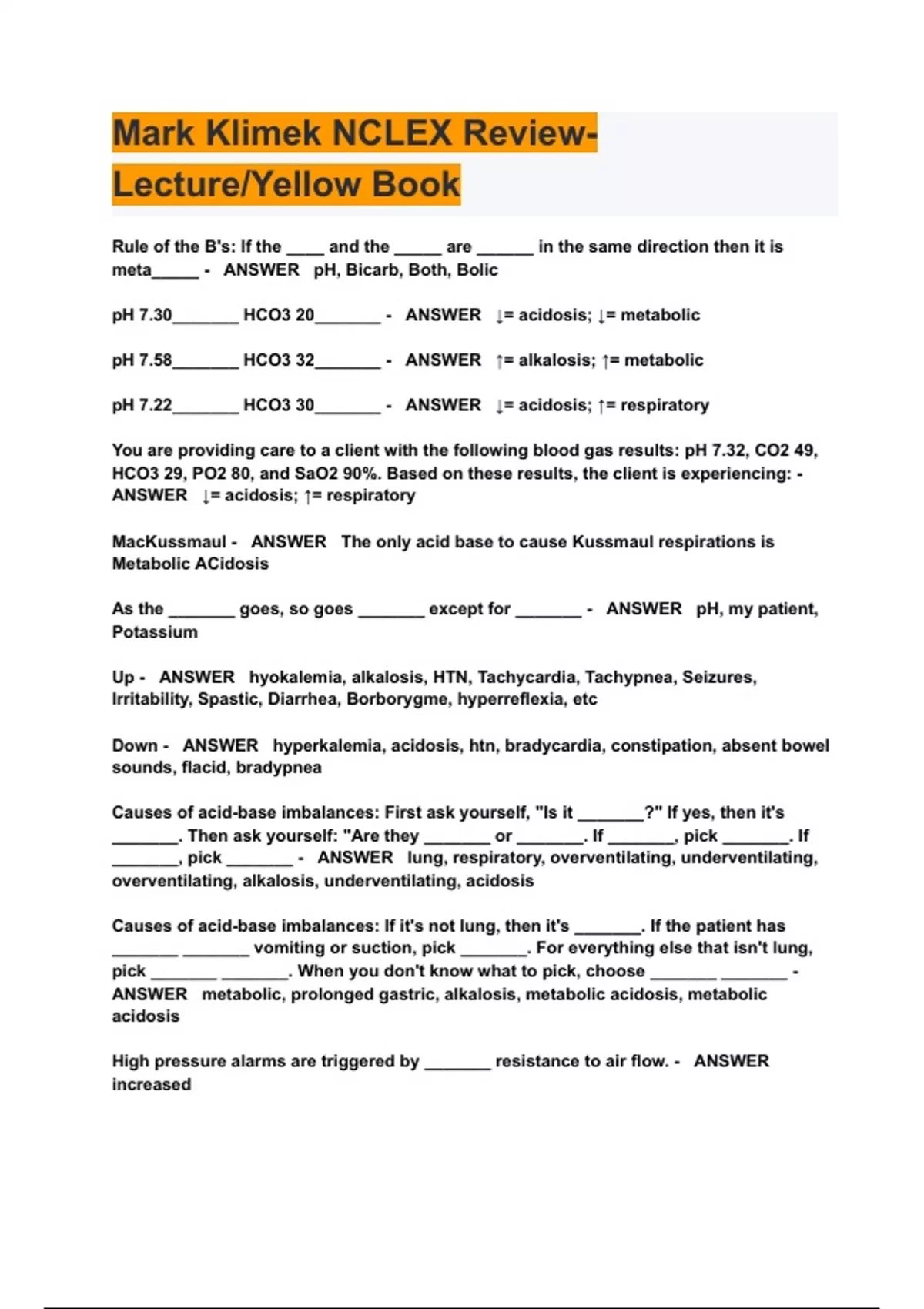 Mark Klimek NCLEX Review Lecture Yellow Book Exam QUESTIONS WITH ALL 