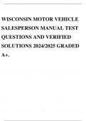 WISCONSIN MOTOR VEHICLE SALESPERSON MANUAL TEST QUESTIONS AND VERIFIED SOLUTIONS 2024/2025 GRADED A+.